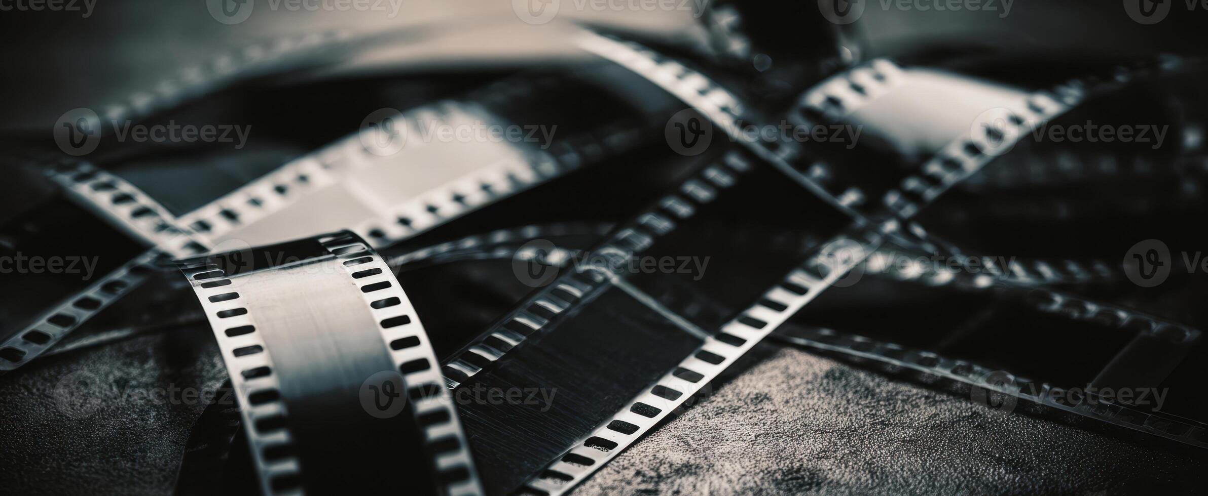 The artistic arrangement of black and white film strips on textured surface. photo