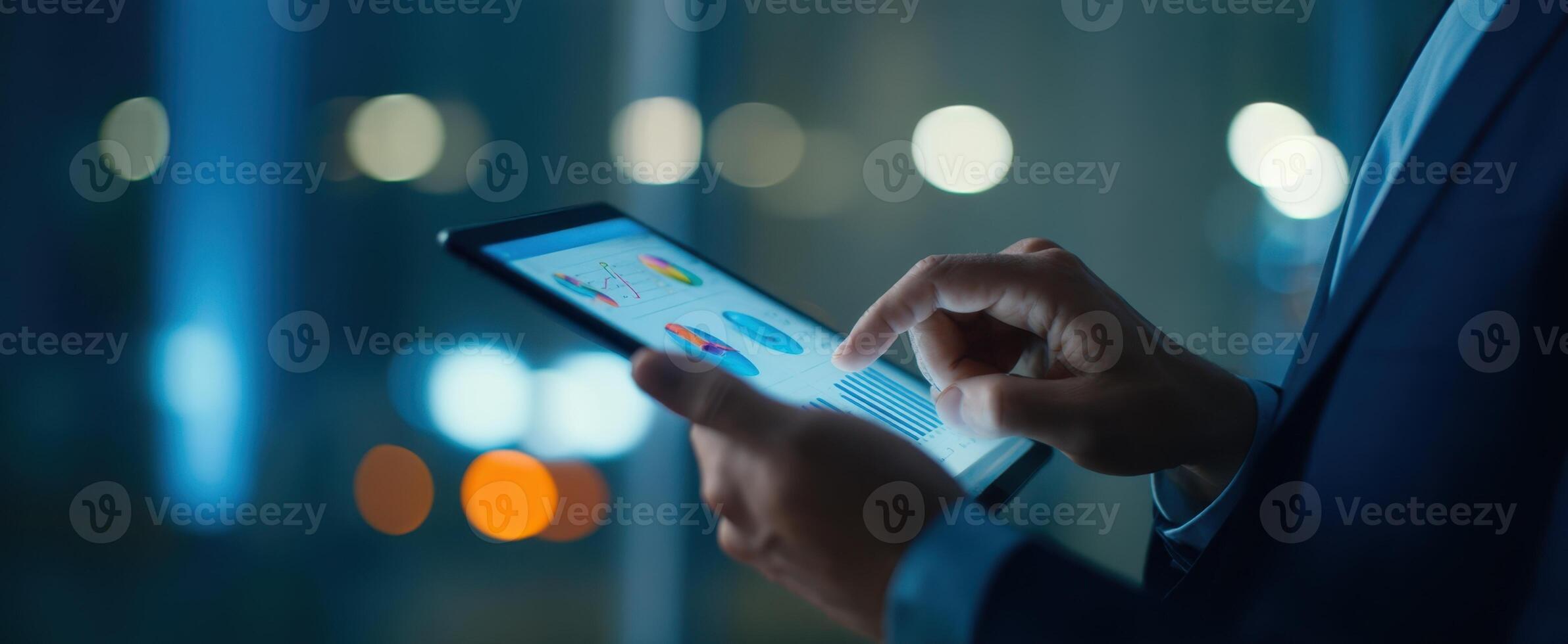 The business professional analyzing data on a tablet in a modern office environment. photo