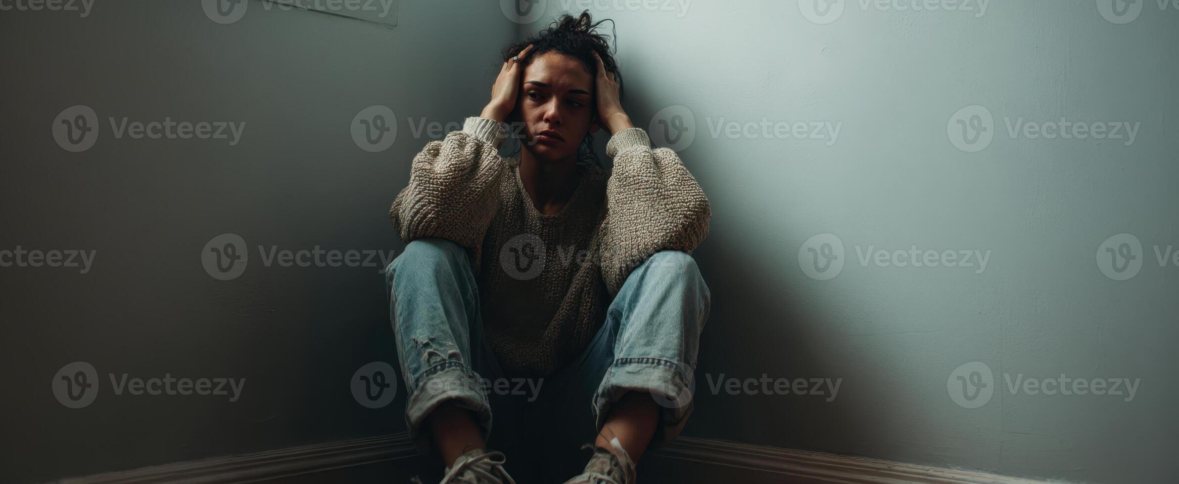 The woman experiencing emotional turmoil while sitting in a corner. photo