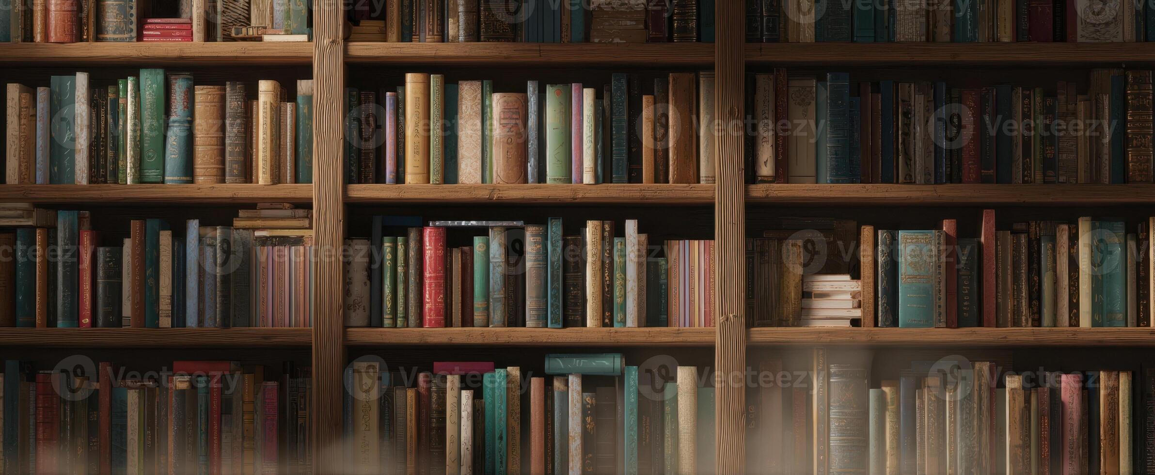 The vintage bookshelf filled with colorful books in a cozy library setting. photo