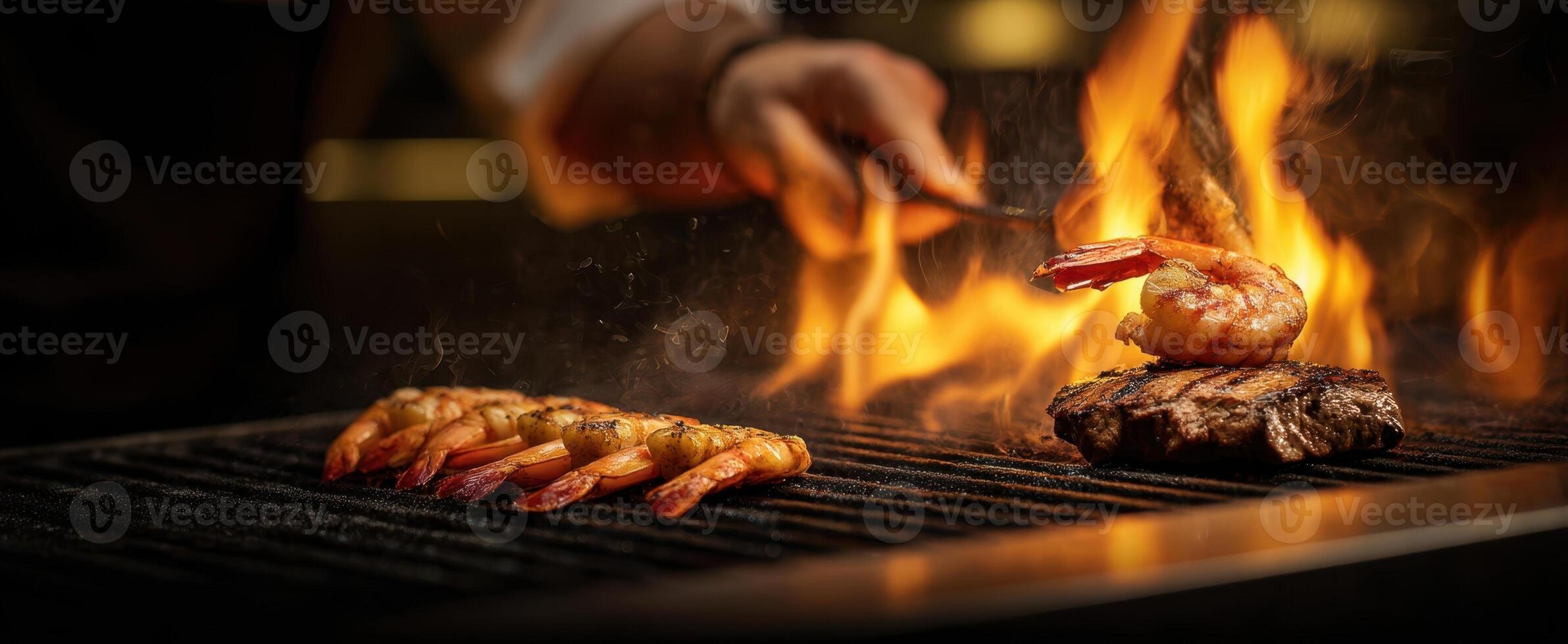 The chef grilling shrimp and steak over an open flame. photo