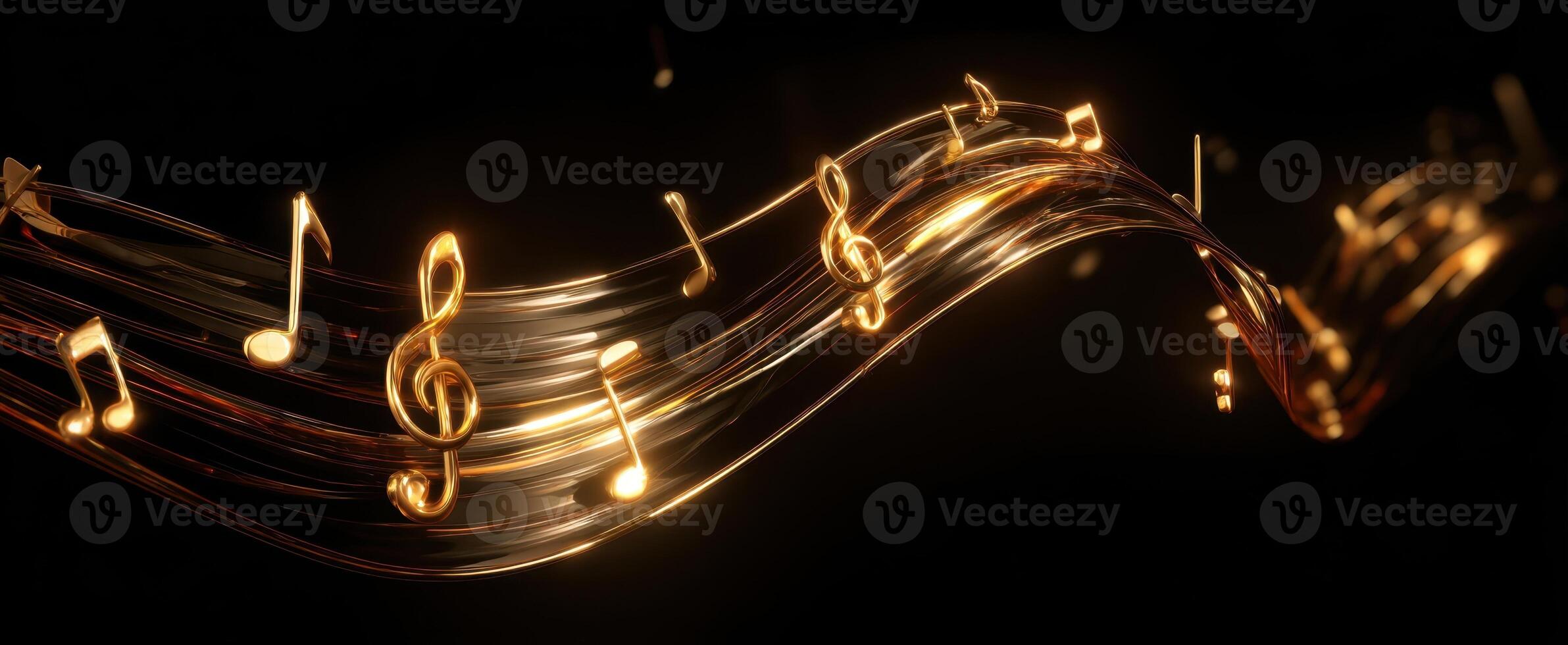 The elegant wave of golden music notes dancing in darkness. photo