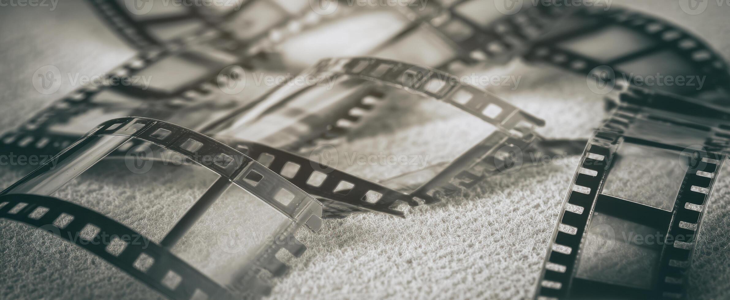 The vintage film negatives artistically arranged on a textured surface. photo