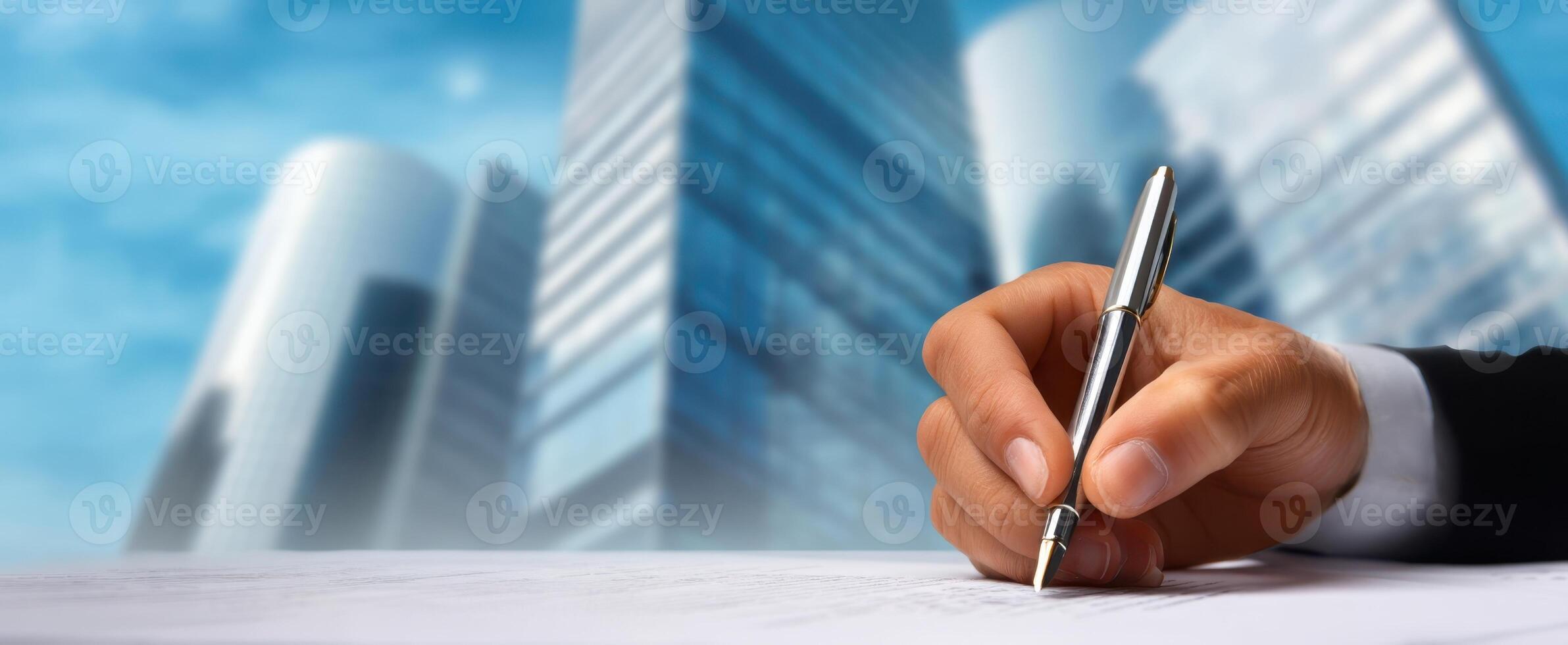 The hand signing a document with a pen against a modern skyscraper backdrop. photo