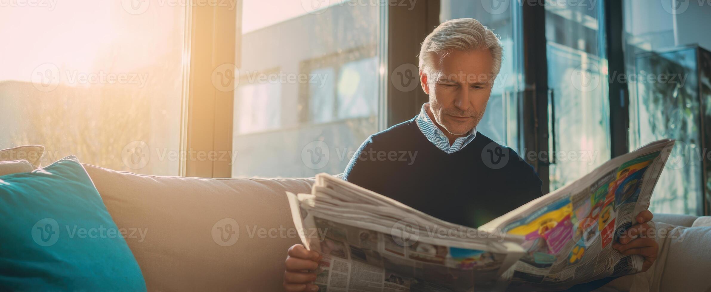 The man reading the newspaper in a sunlit modern living room. photo