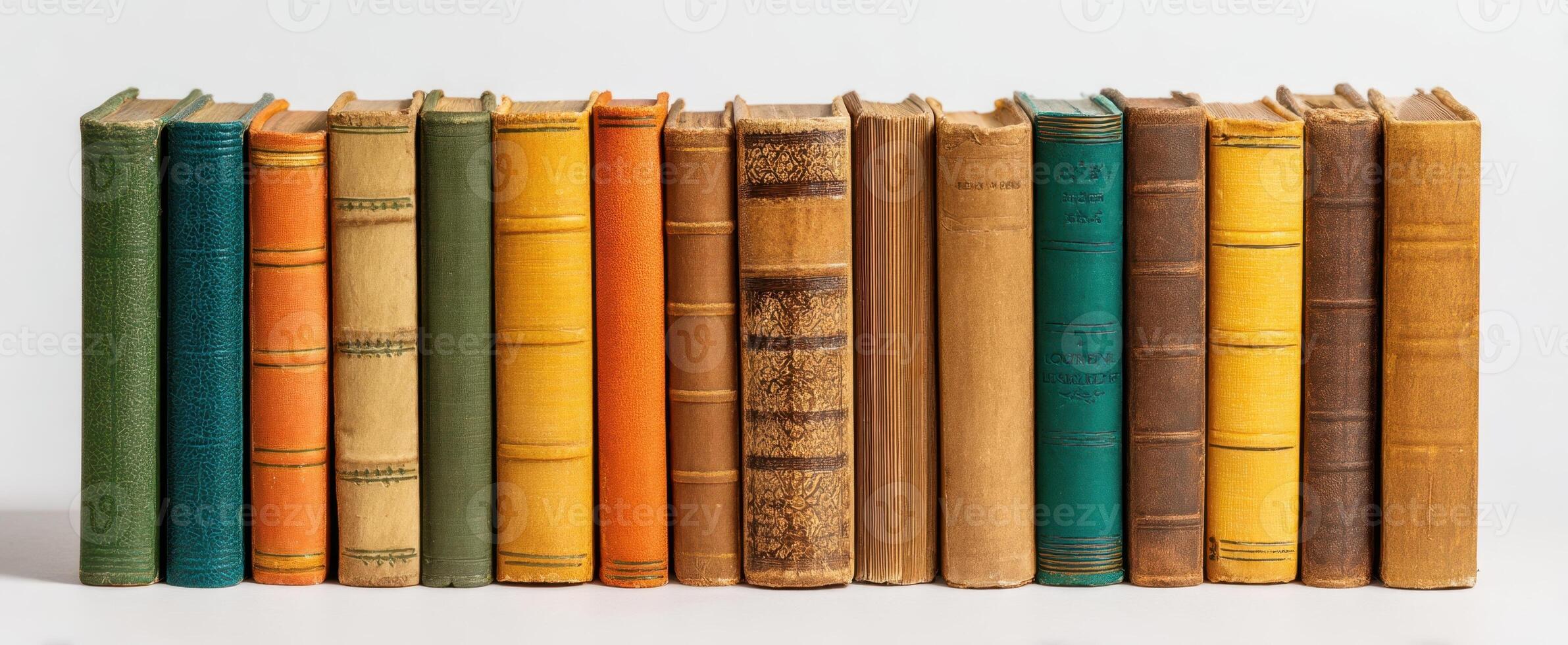 The collection of colorful vintage books arranged in a line. photo