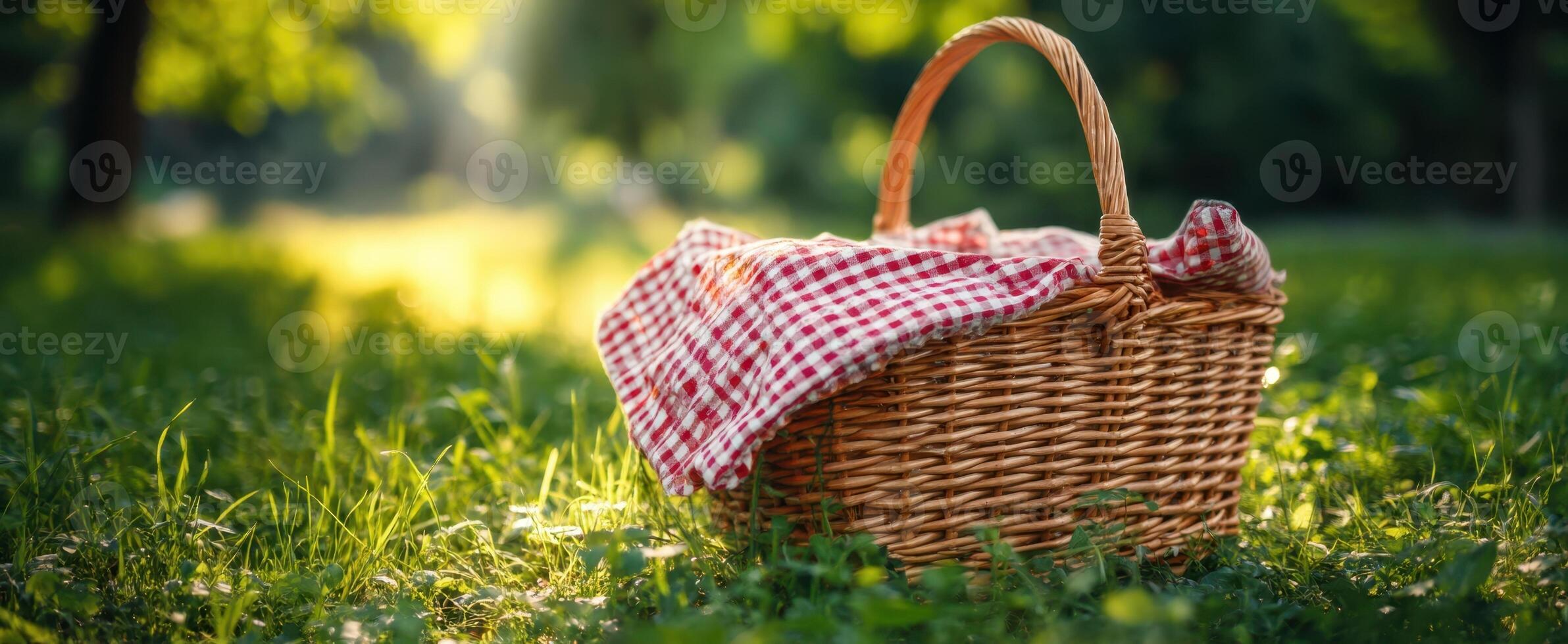 The charming picnic basket adorned with a classic checkered blanket in sunlight. photo
