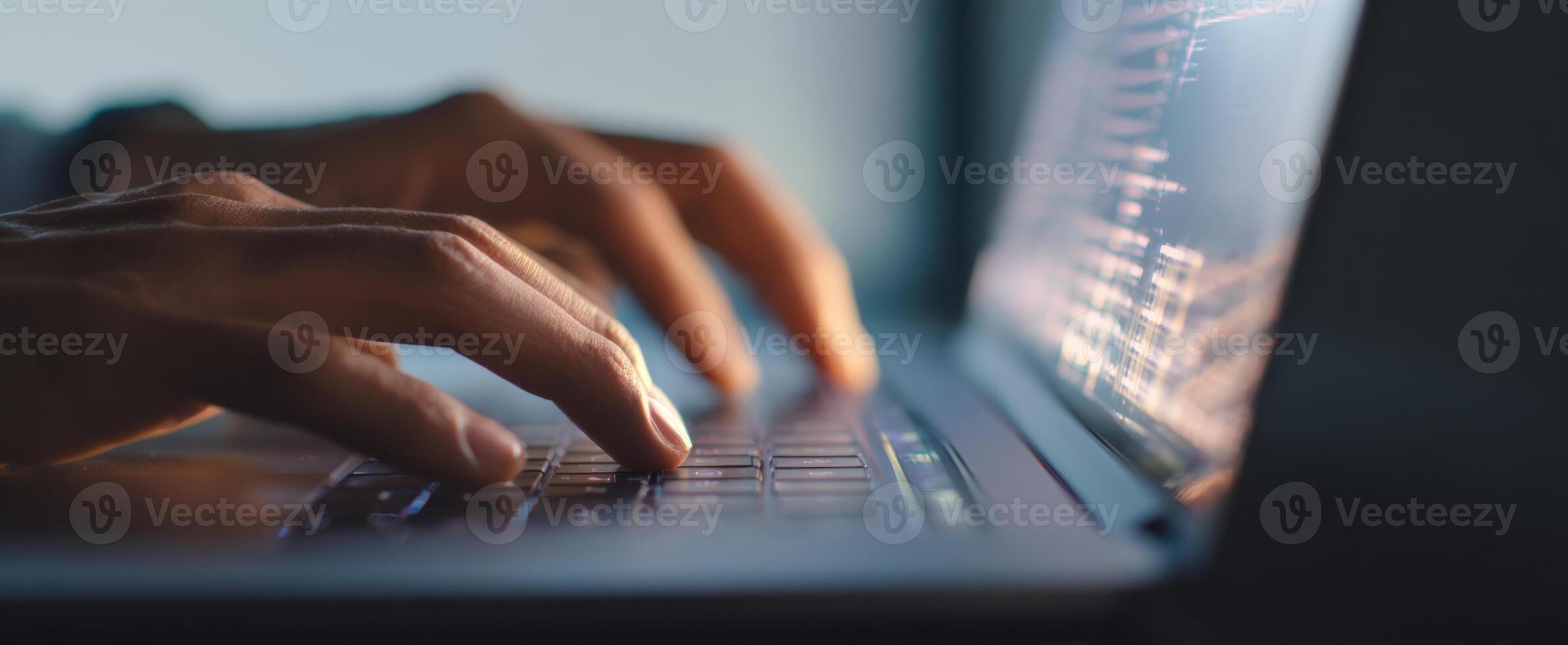 The hands typing on a laptop while creating software at night. photo