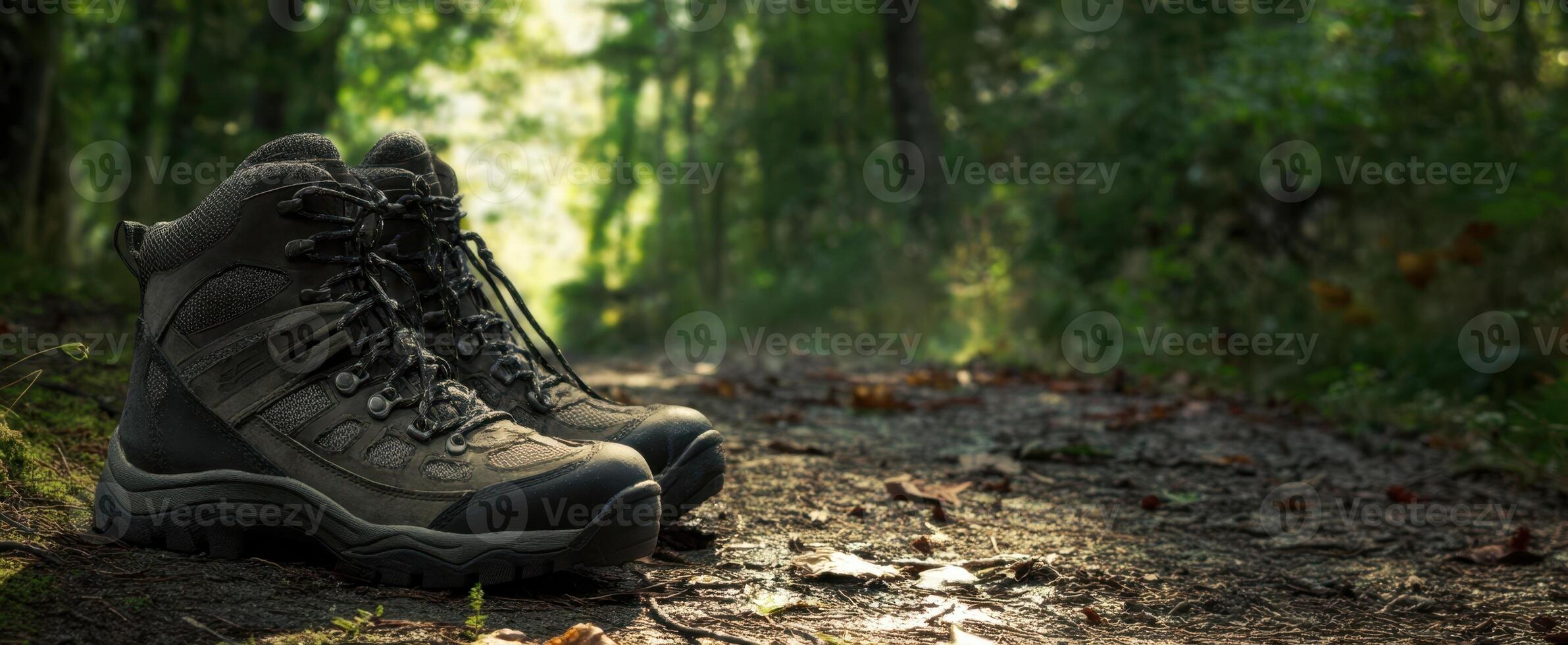 The Hiking Boots on a Forest Trail Bathed in Soft Sunlight photo