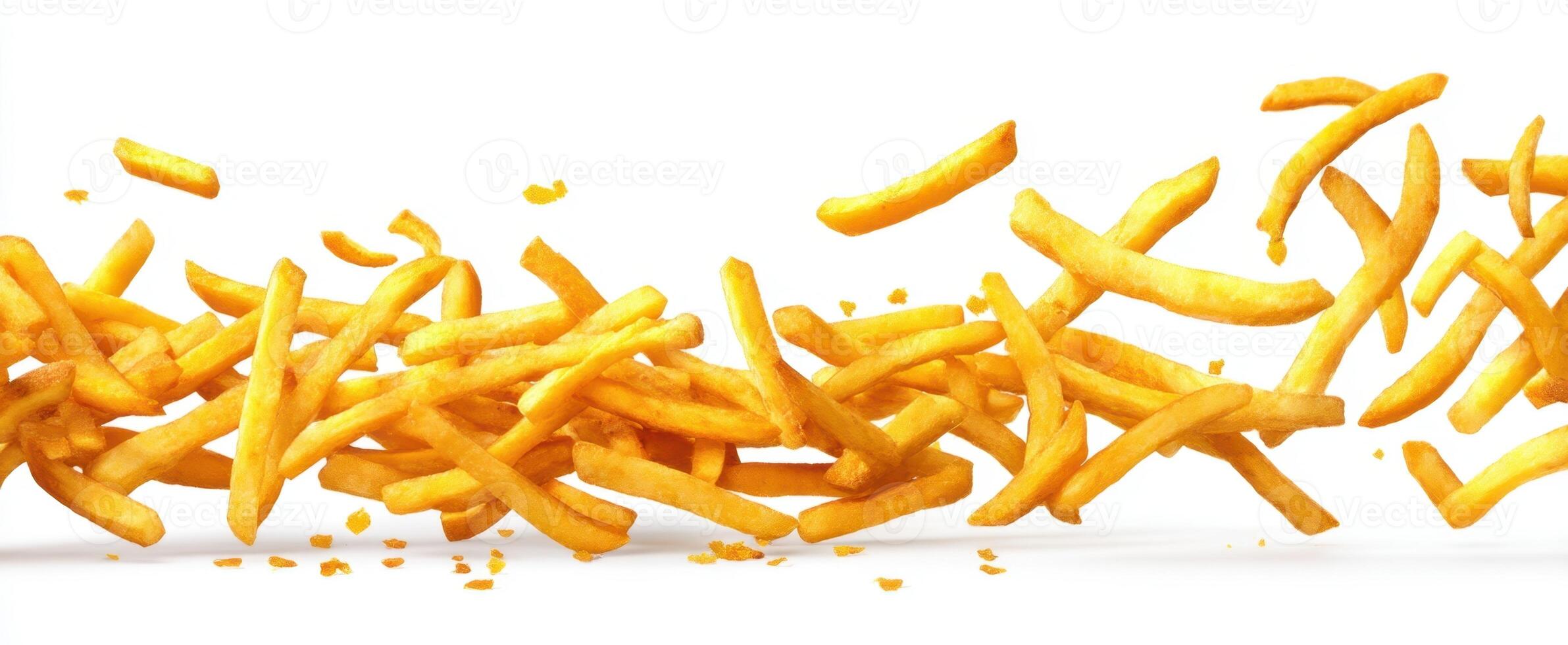 The flying golden fries cascading in a lively display amidst a white backdrop. photo