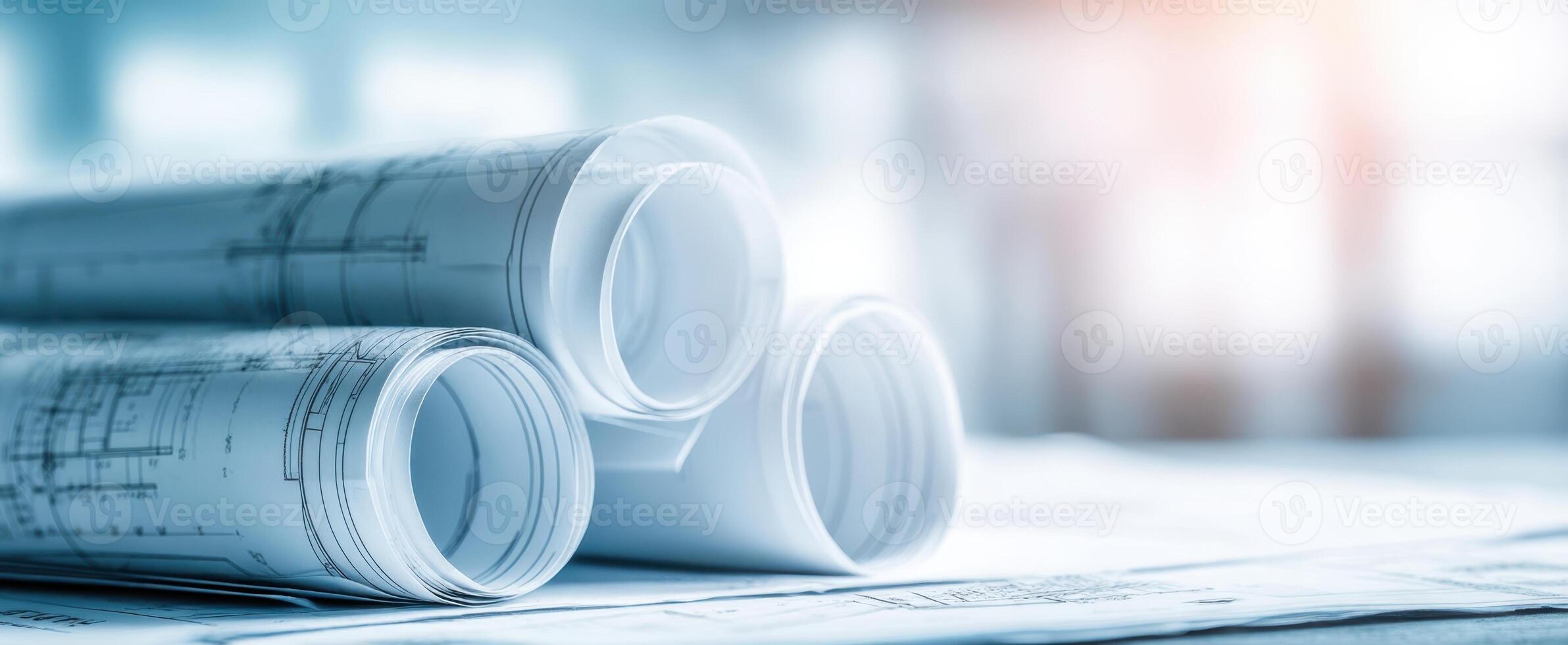 The rolled blueprints showcasing detailed architectural designs on a workspace table. photo