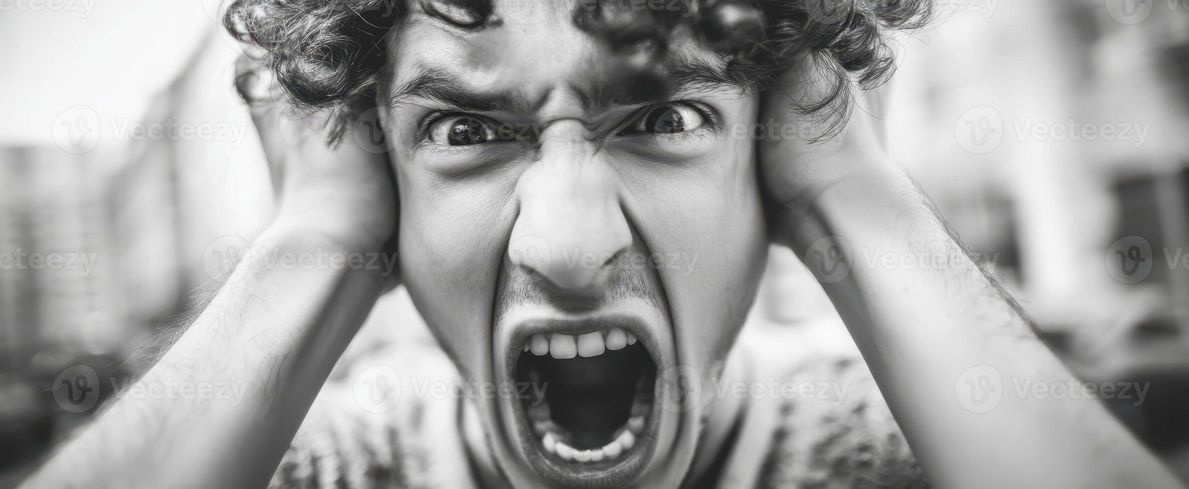 The expressive man conveying overwhelming emotions through a powerful scream. photo
