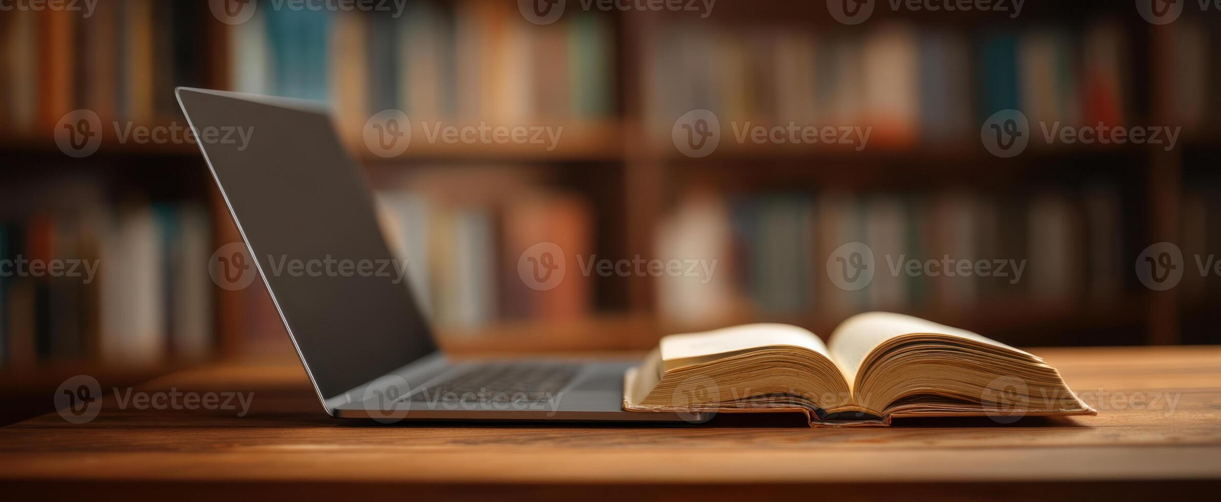 The laptop and open book on a wooden desk with shelves in the background. photo