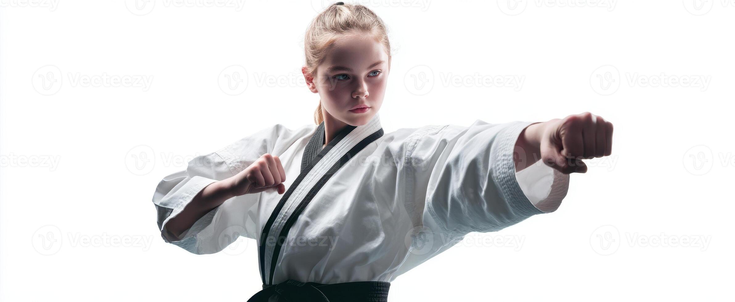 The strong girl demonstrating karate skills in a powerful punch pose. photo