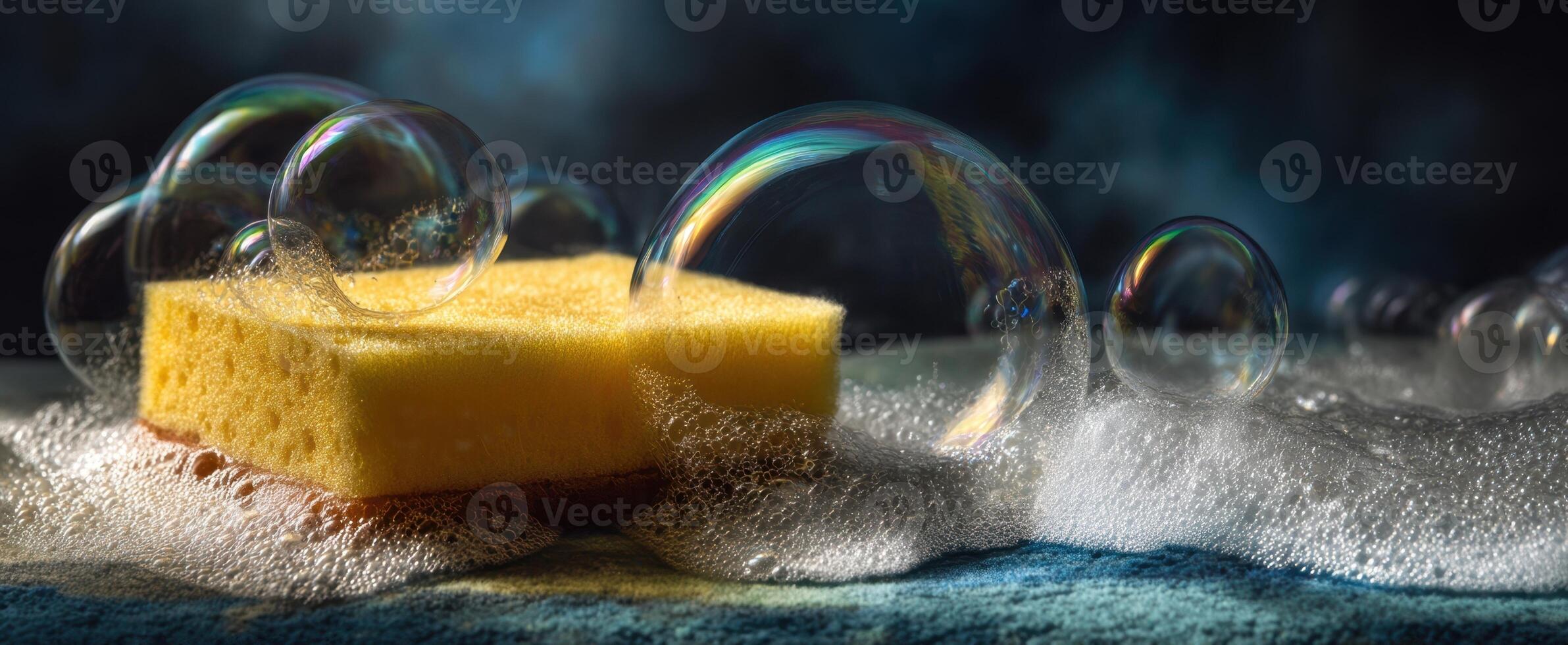 The vibrant sponge surrounded by floating bubbles and foam in a clean environment. photo