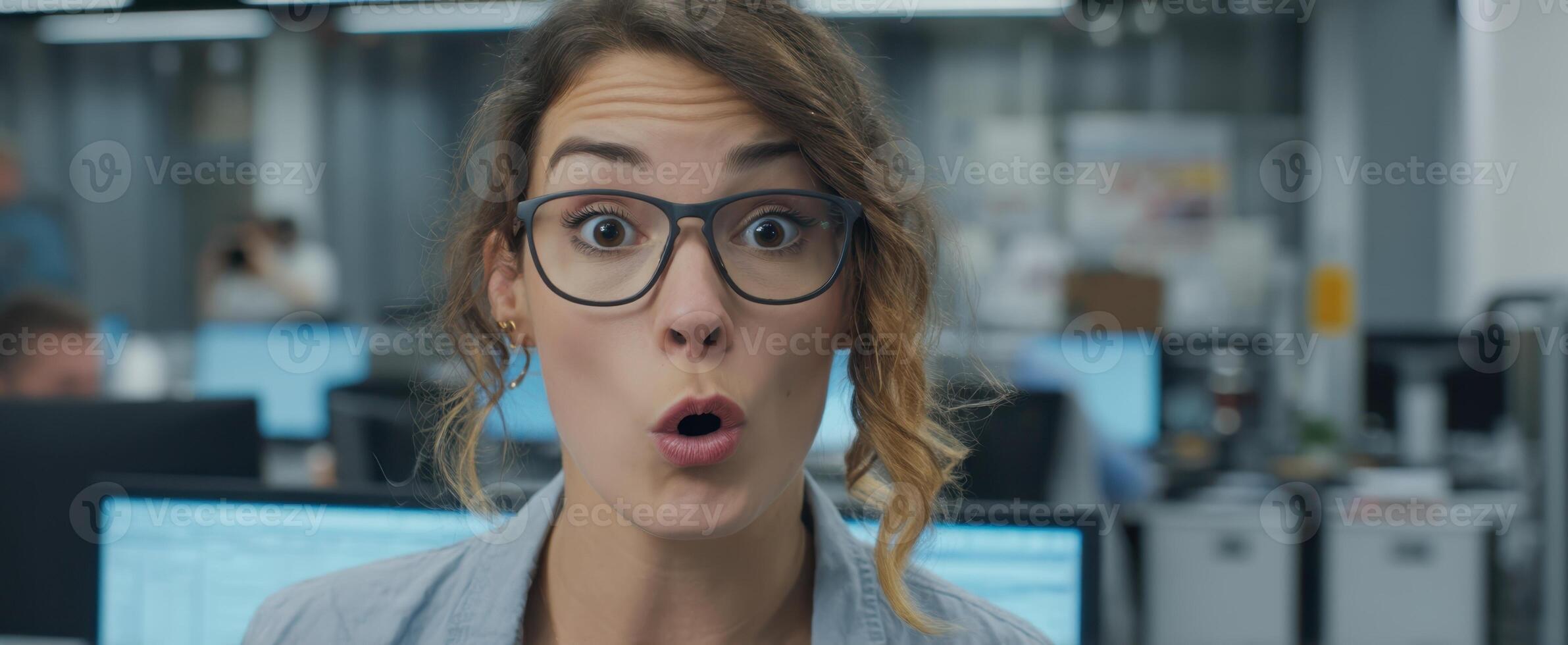 The surprised woman expressing excitement in a modern office environment. photo