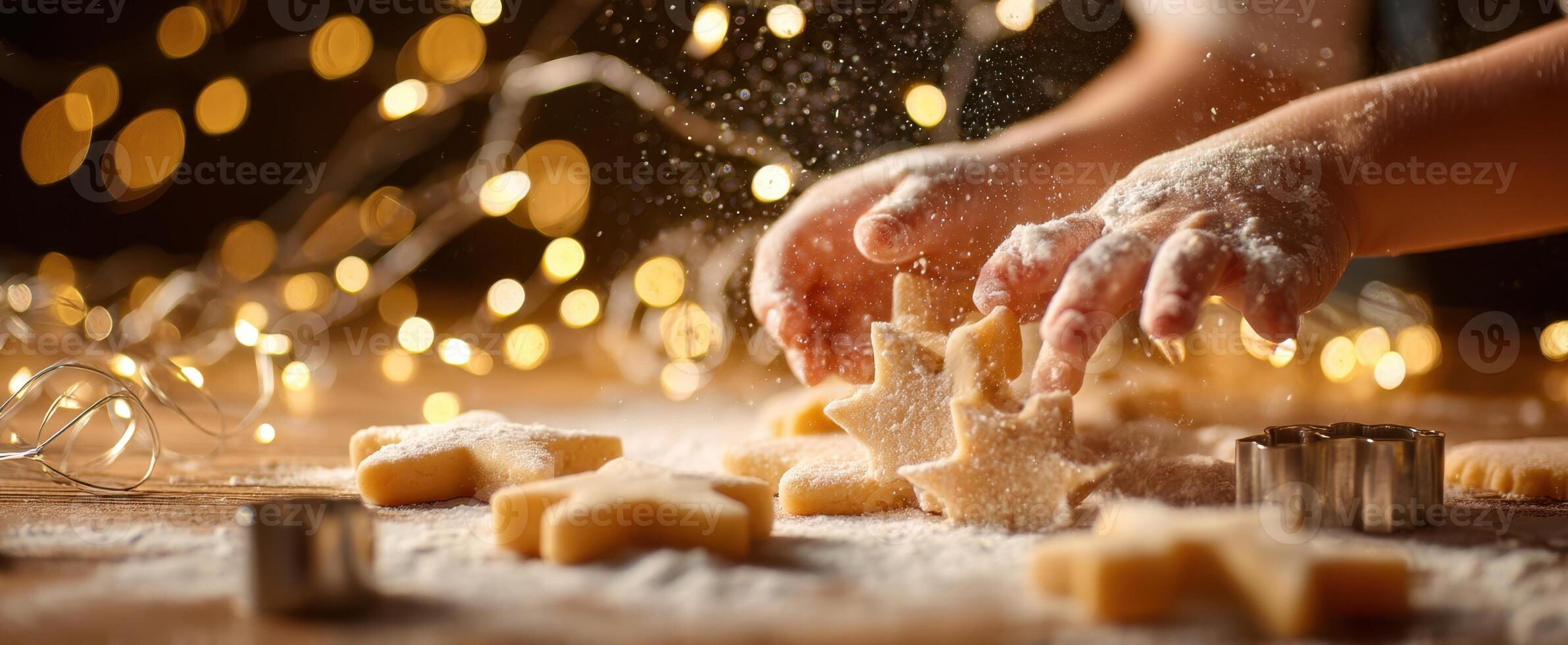 The joyful process of baking festive star-shaped cookies with family hands. photo