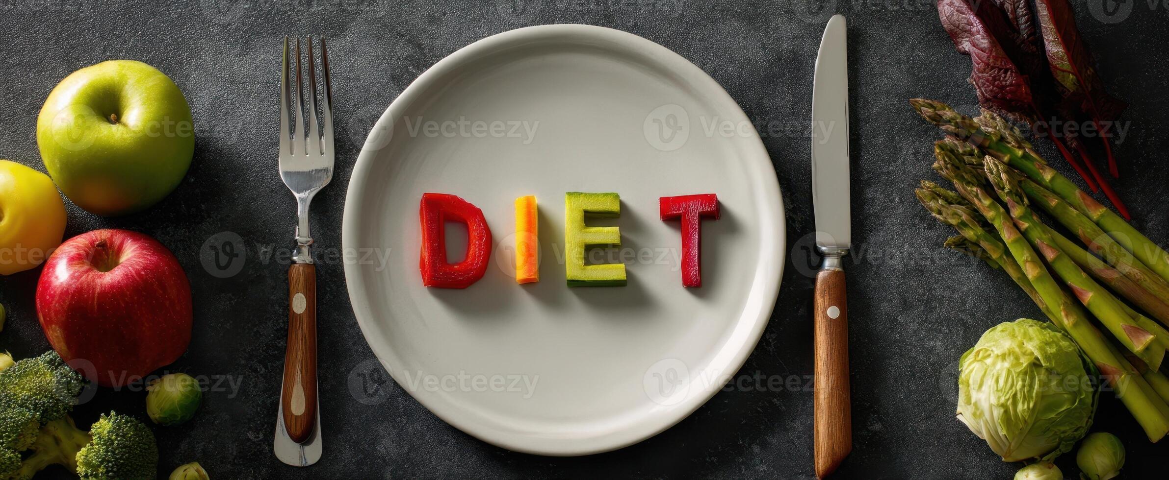The Creative Plate with Colorful Diet Letters and Fresh Ingredients photo