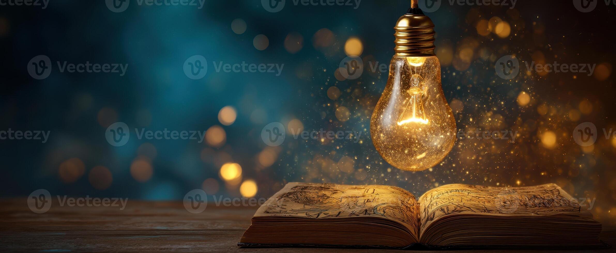 The Light Bulb Illuminating an Open Book with Sparkling Magic photo