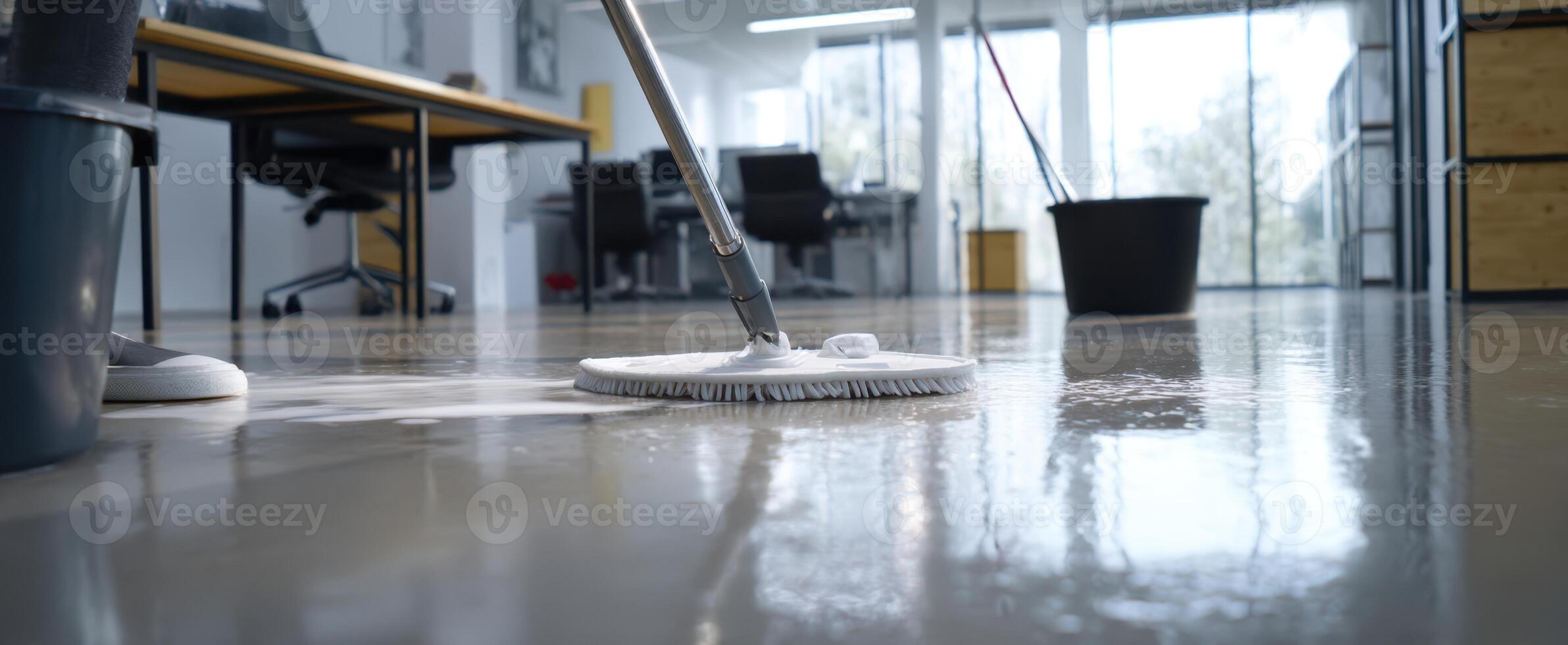 The cleaning process in a modern office space with a mop and bucket. photo