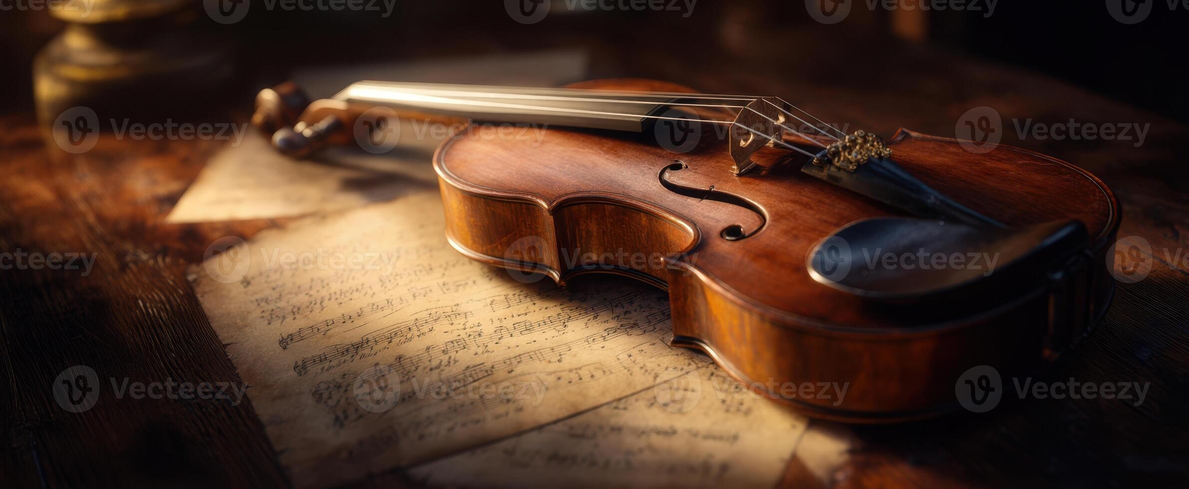 The elegant violin resting on sheet music in warm, inviting light photo