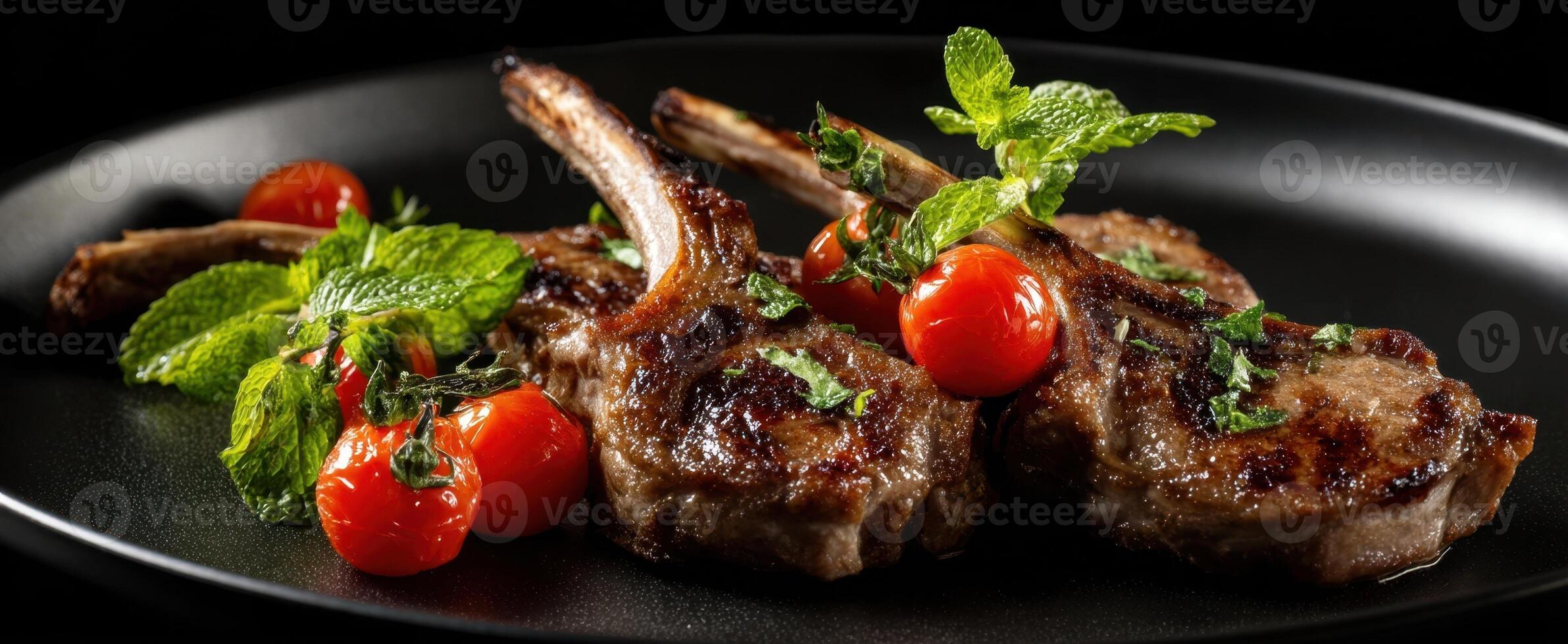 The succulent grilled lamb chops garnished with fresh mint and cherry tomatoes. photo