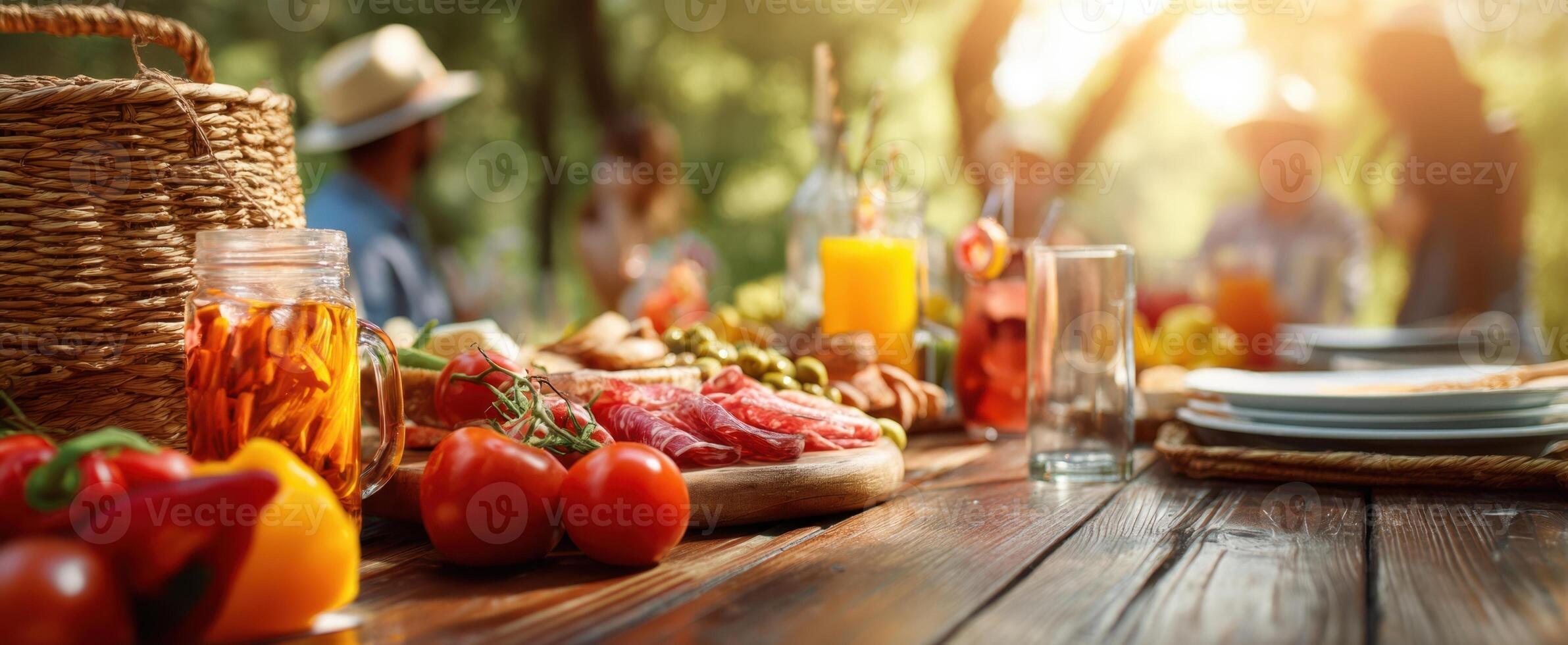 The vibrant picnic table adorned with fresh food and drinks in nature's embrace. photo