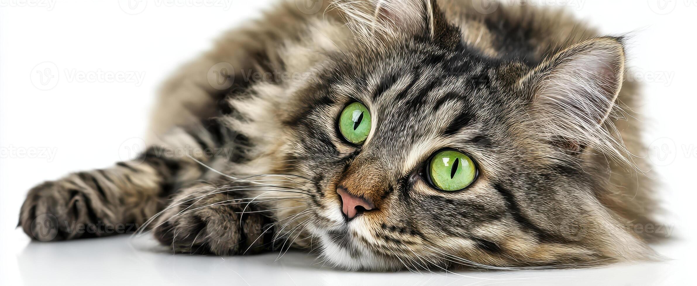 The adorable and curious cat with striking green eyes lounging on white surface. photo
