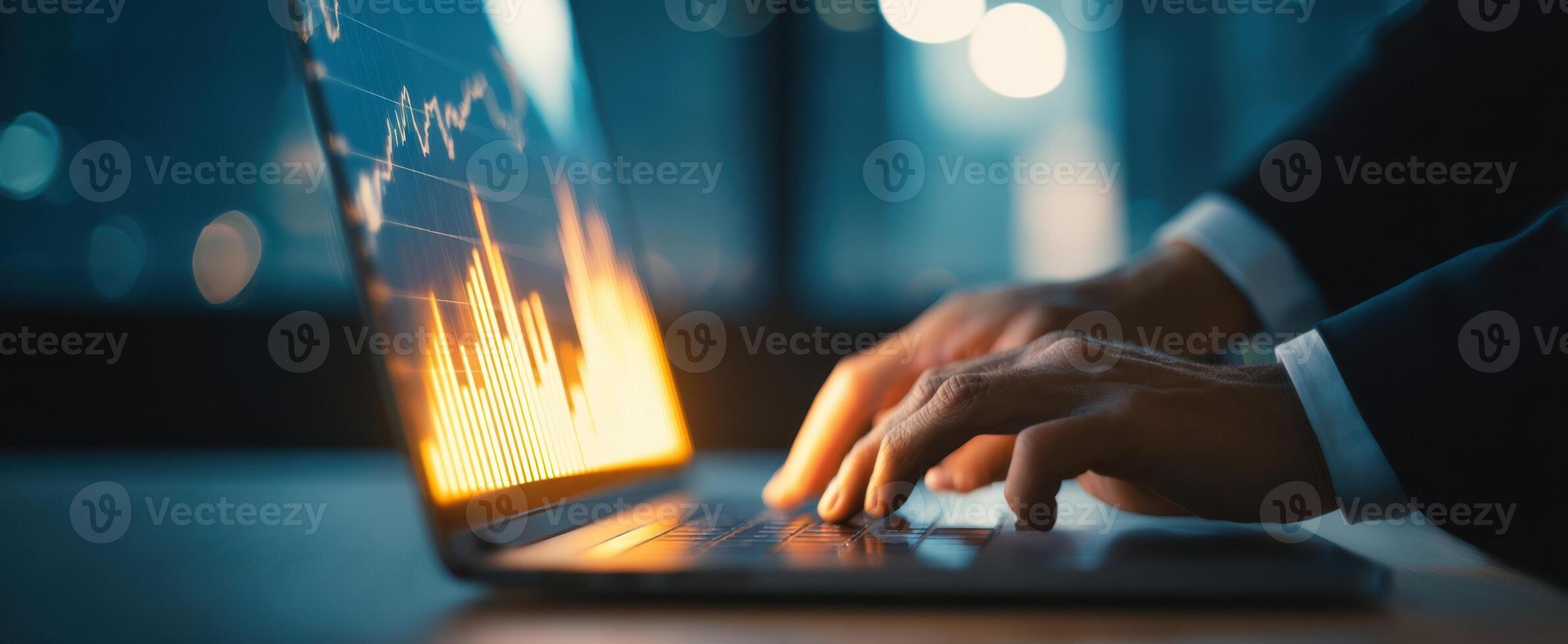 The laptop displaying financial data with hands working efficiently. photo