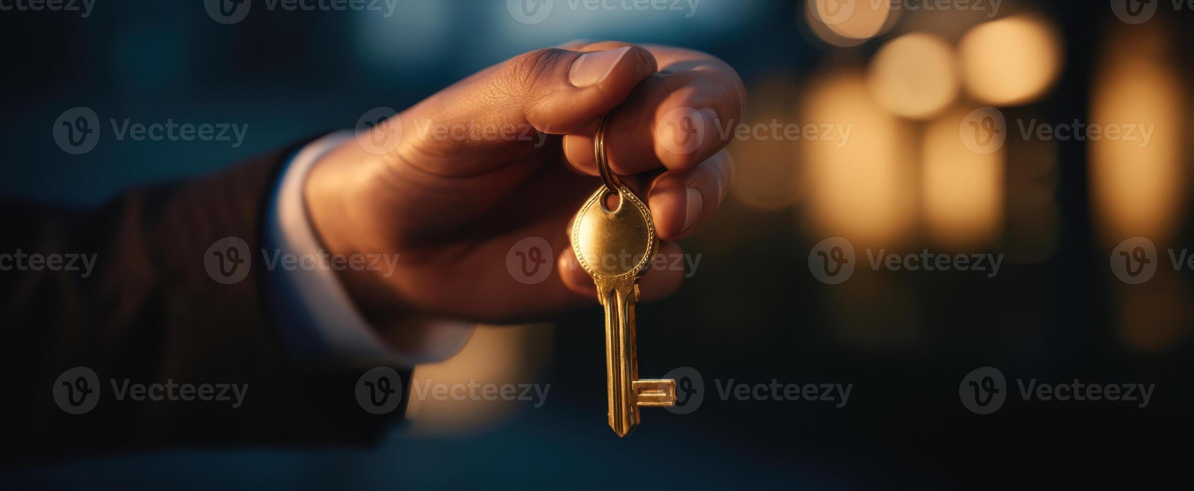 The golden key hanging from a hand in soft evening light photo