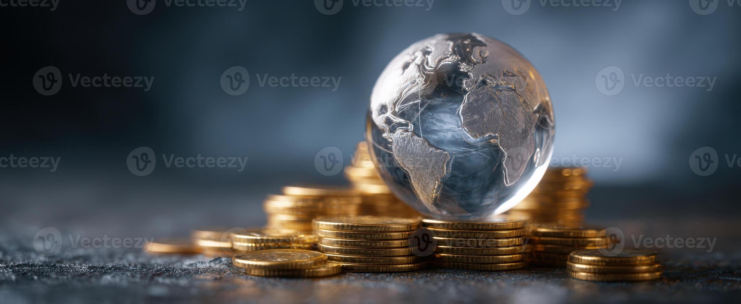 The globe resting on a pile of coins symbolizing financial prosperity and growth. photo