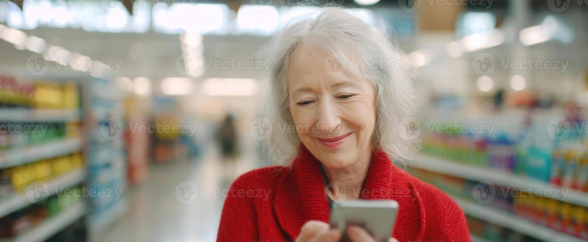 The elderly woman smiling while using her smartphone in the grocery store. photo