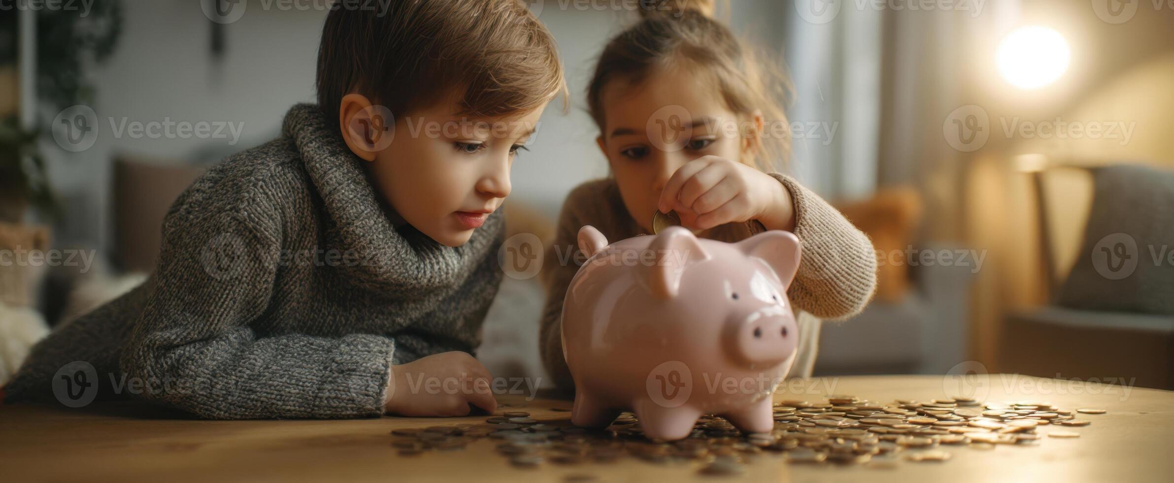 The children eagerly learning the value of saving with a piggy bank. photo