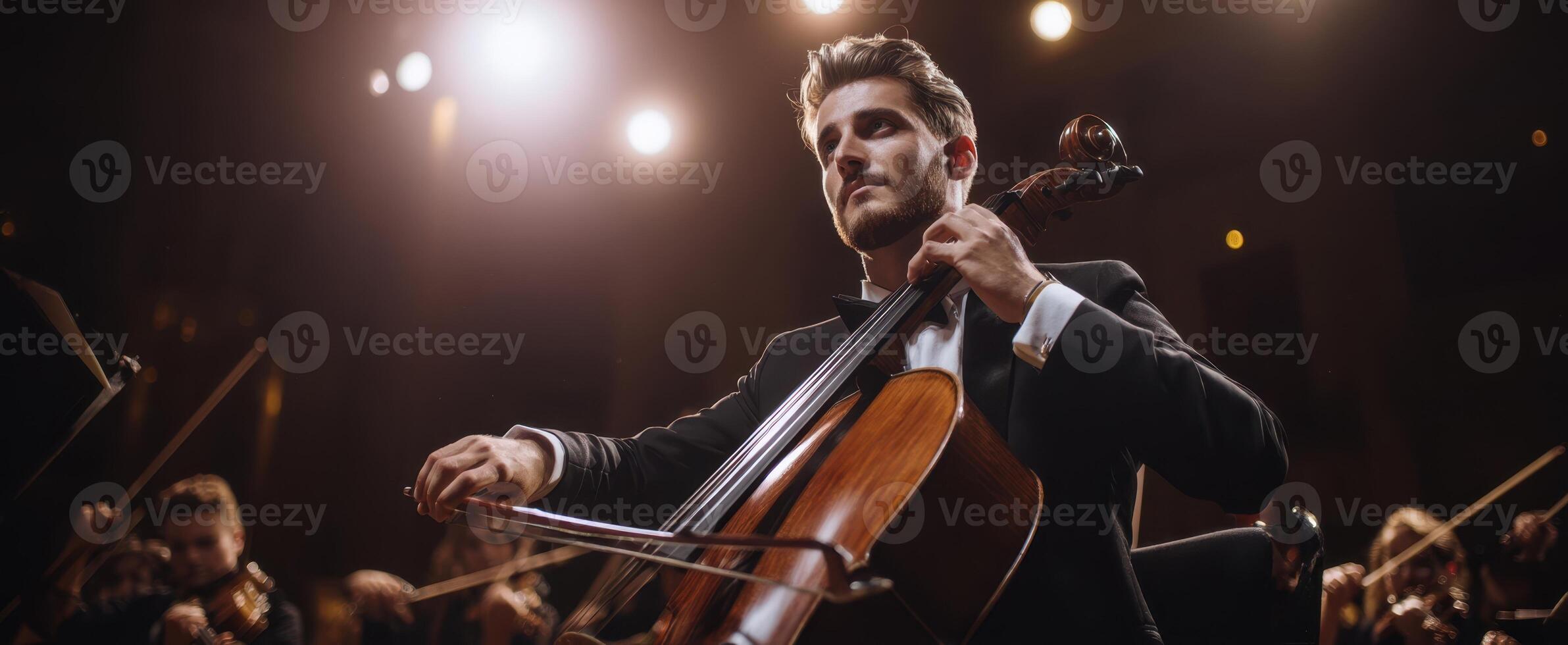 The captivating soloist performing with passion in a grand orchestral setting. photo