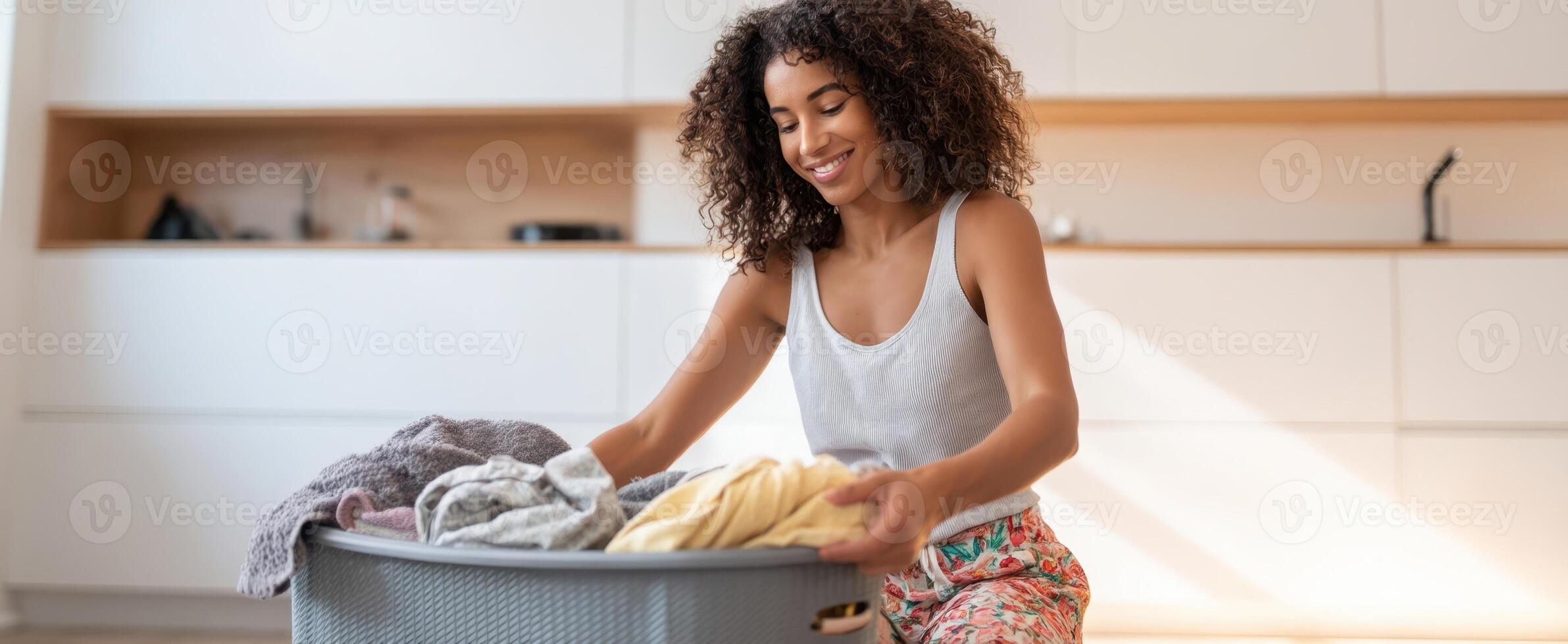 The woman enjoying her laundry routine in a modern home environment. photo
