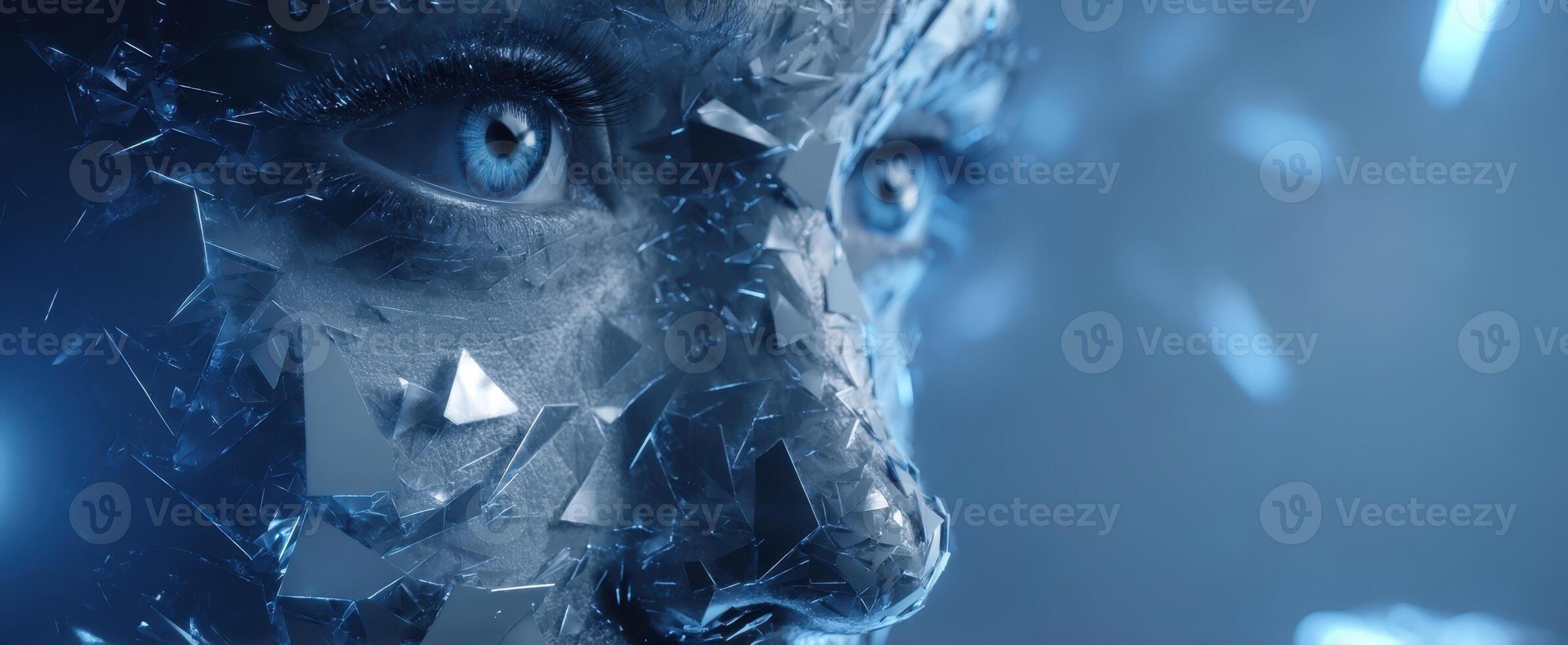 The futuristic face composed of crystalline and reflective elements. photo