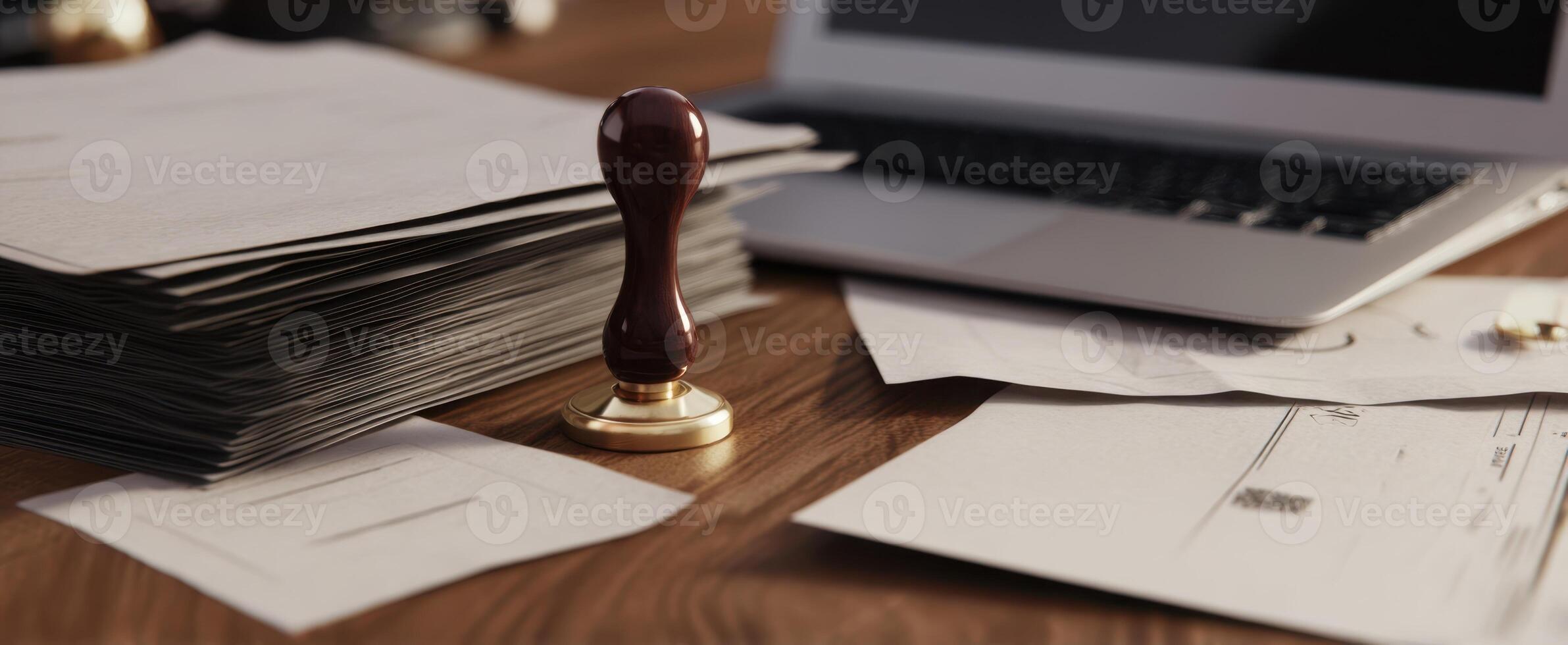 The office scene featuring a wooden stamp and organized paperwork on a desk photo