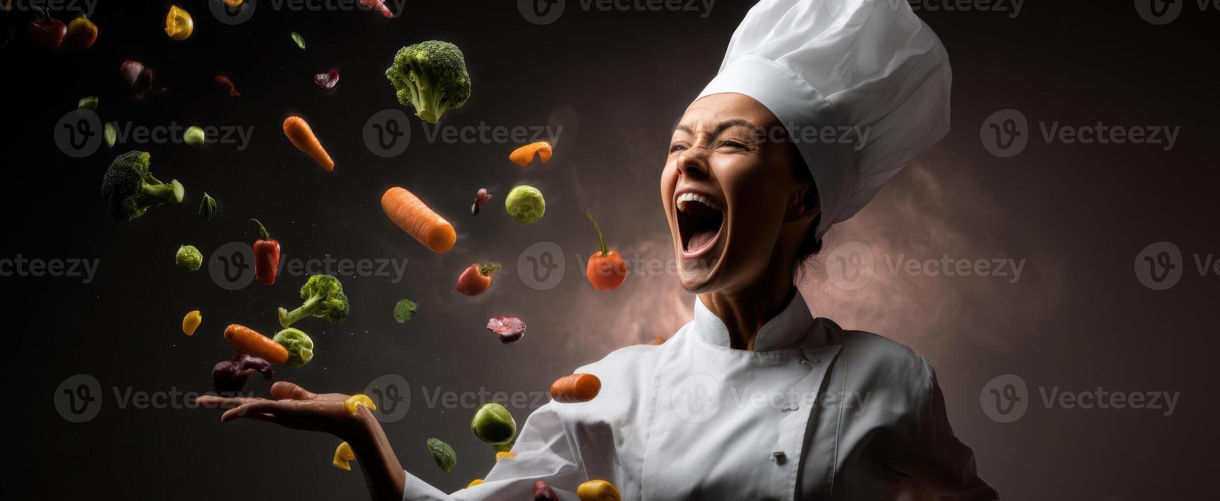 The dynamic chef showcasing fresh vegetables with joyful enthusiasm photo