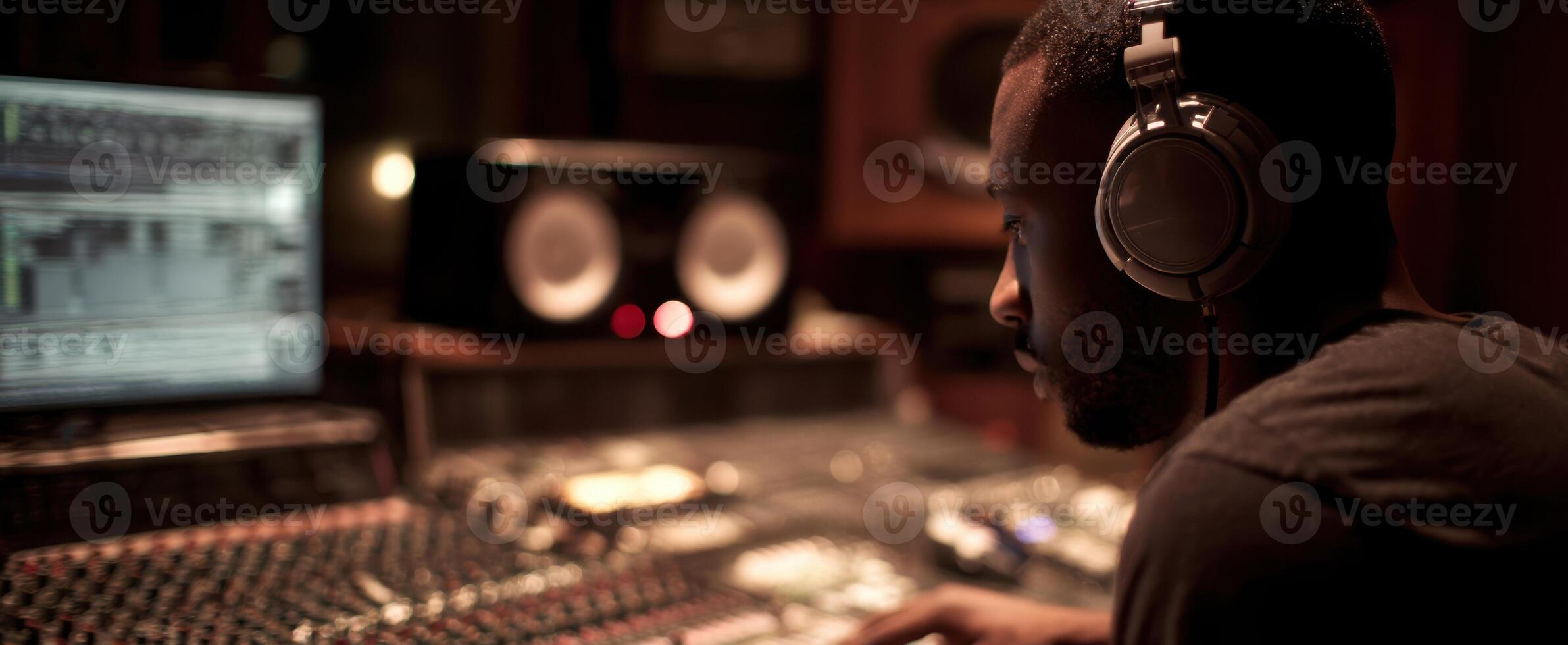 The focused music producer in a modern recording studio environment. photo