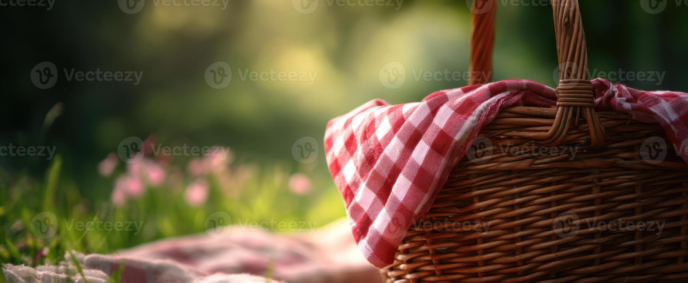 The picnic basket resting gently on the grass in a sunny meadow. photo