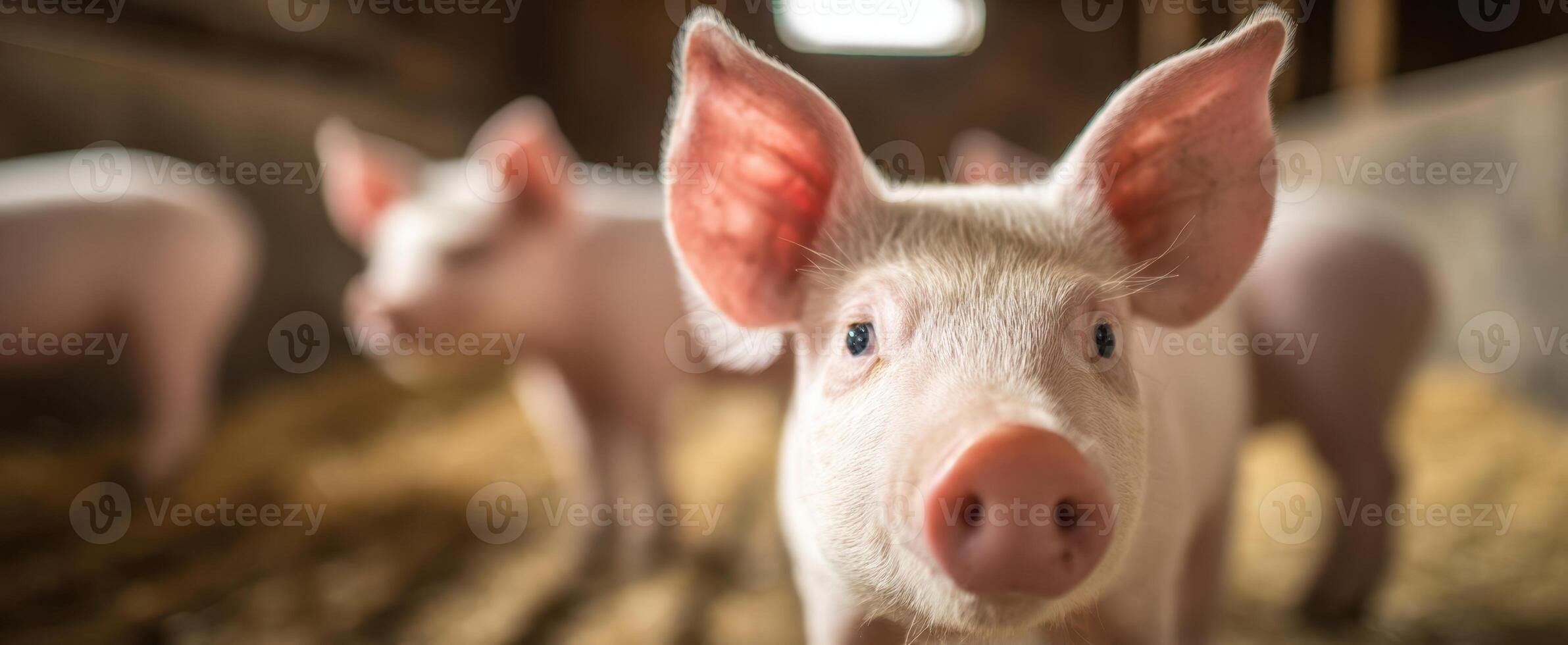The adorable piglet exploring its environment in a farm setting. photo