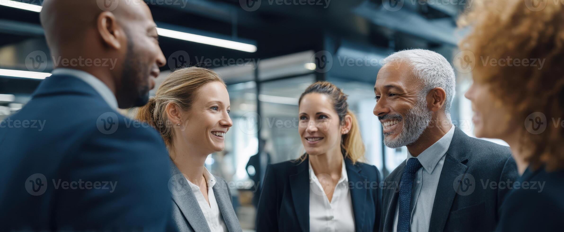 The group of professionals engaging in positive workplace communication and collaboration. photo