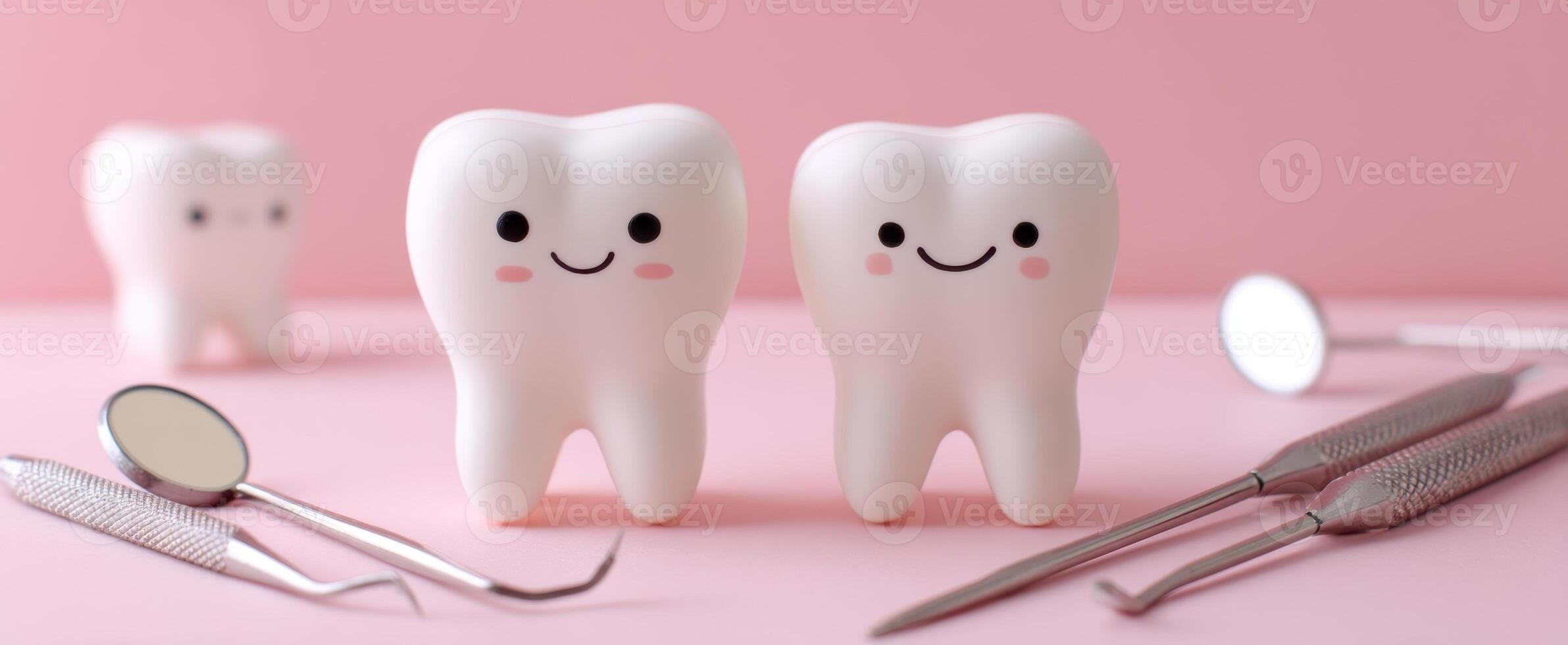 The playful tooth characters surrounded by dental tools on a pink background. photo
