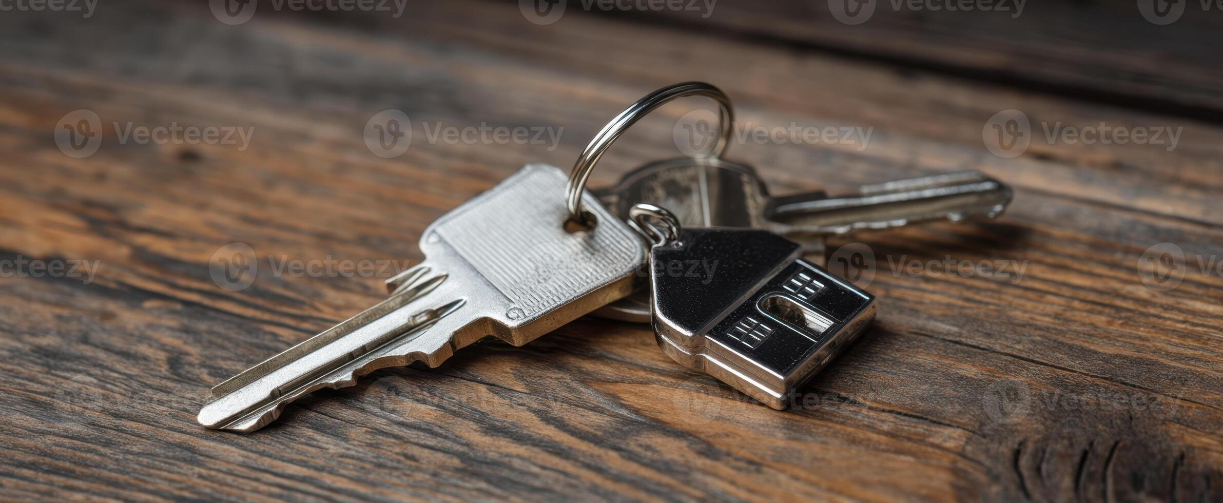 The keys representing homeownership and security on a wooden surface. photo