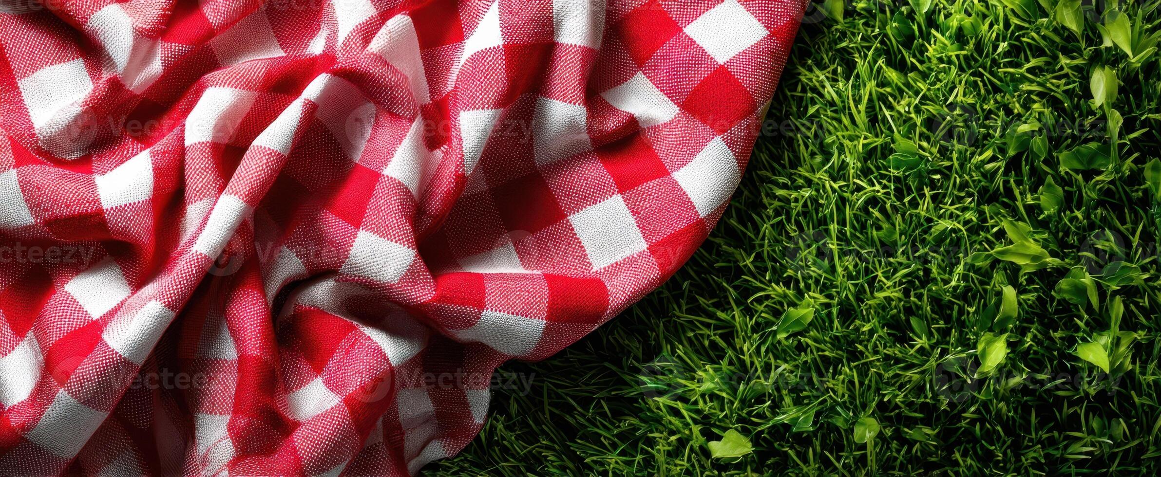 The classic red and white picnic blanket resting on fresh green grass. photo