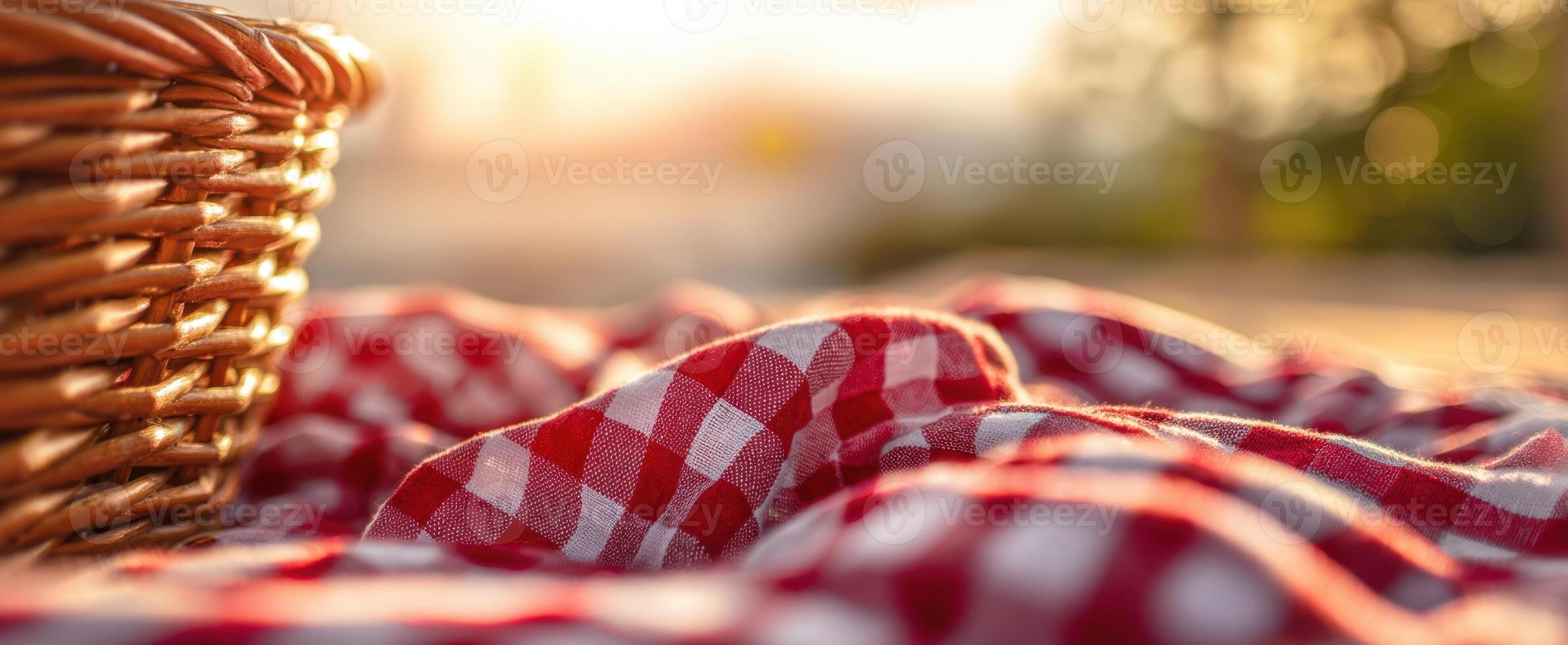 The picnic basket resting on a checkered cloth in warm evening light. photo