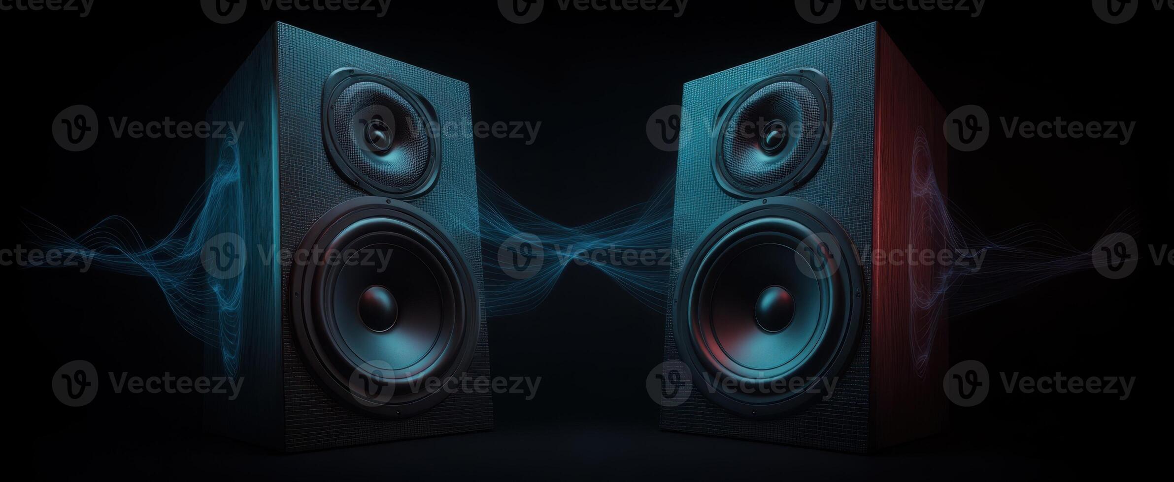 The high-quality speakers emitting vibrant sound waves in a dark environment. photo