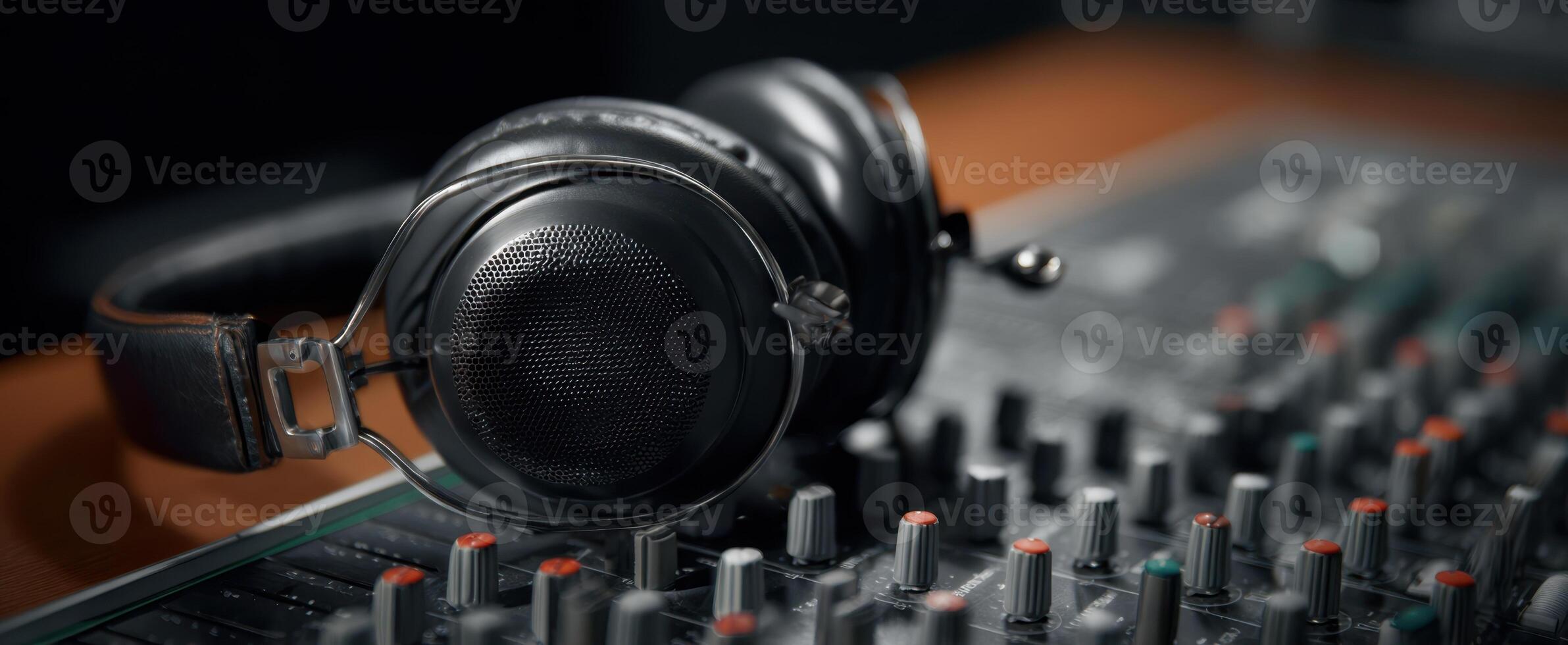 The vintage headphones resting on a professional audio mixing console in a studio setting. photo