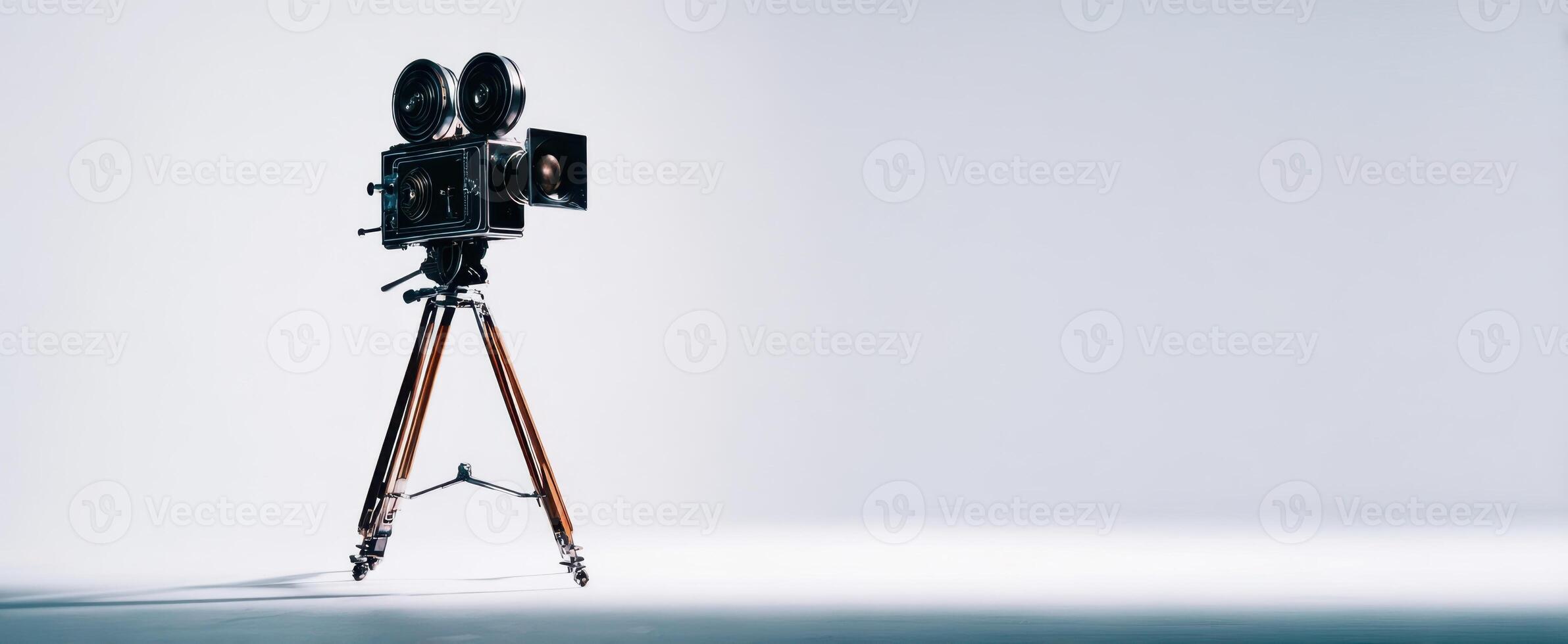 The vintage camera on a tripod against a minimalistic backdrop. photo