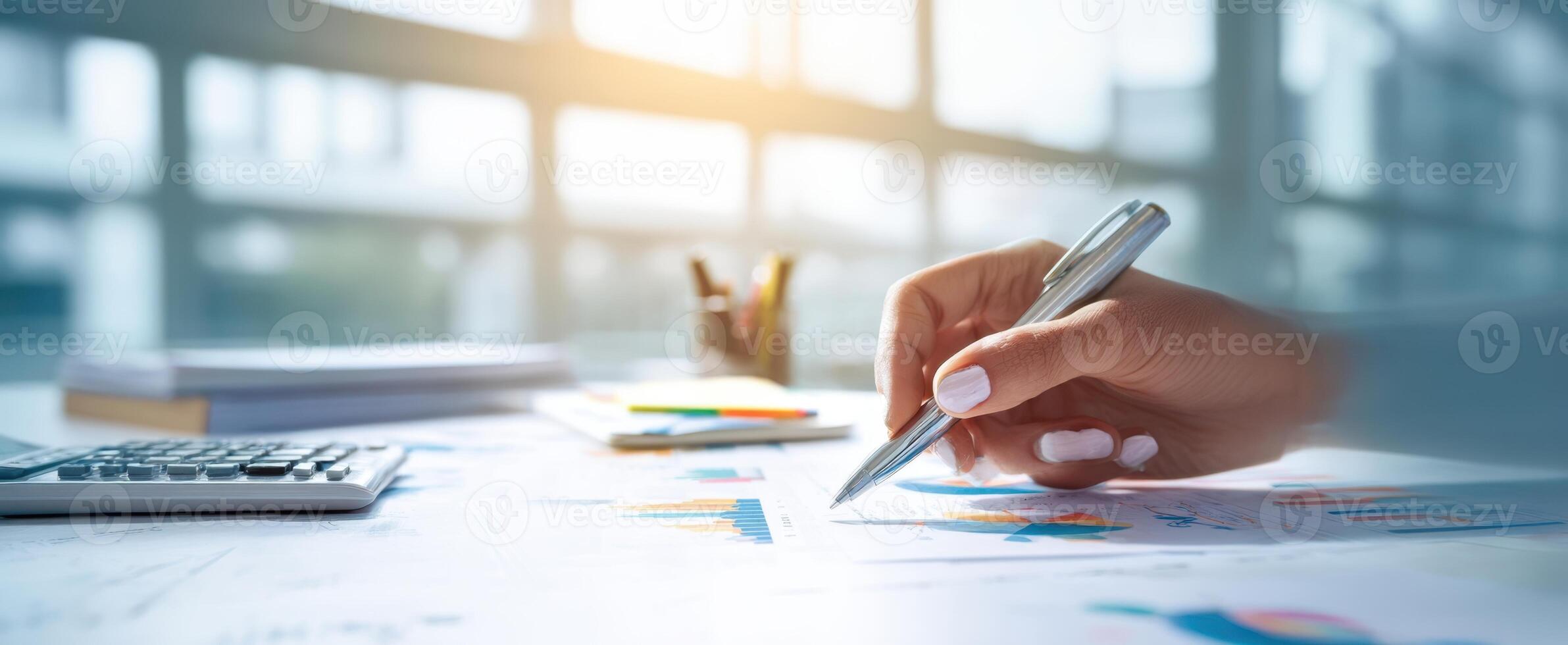 The hand writing on a business report with graphs and data analysis tools. photo